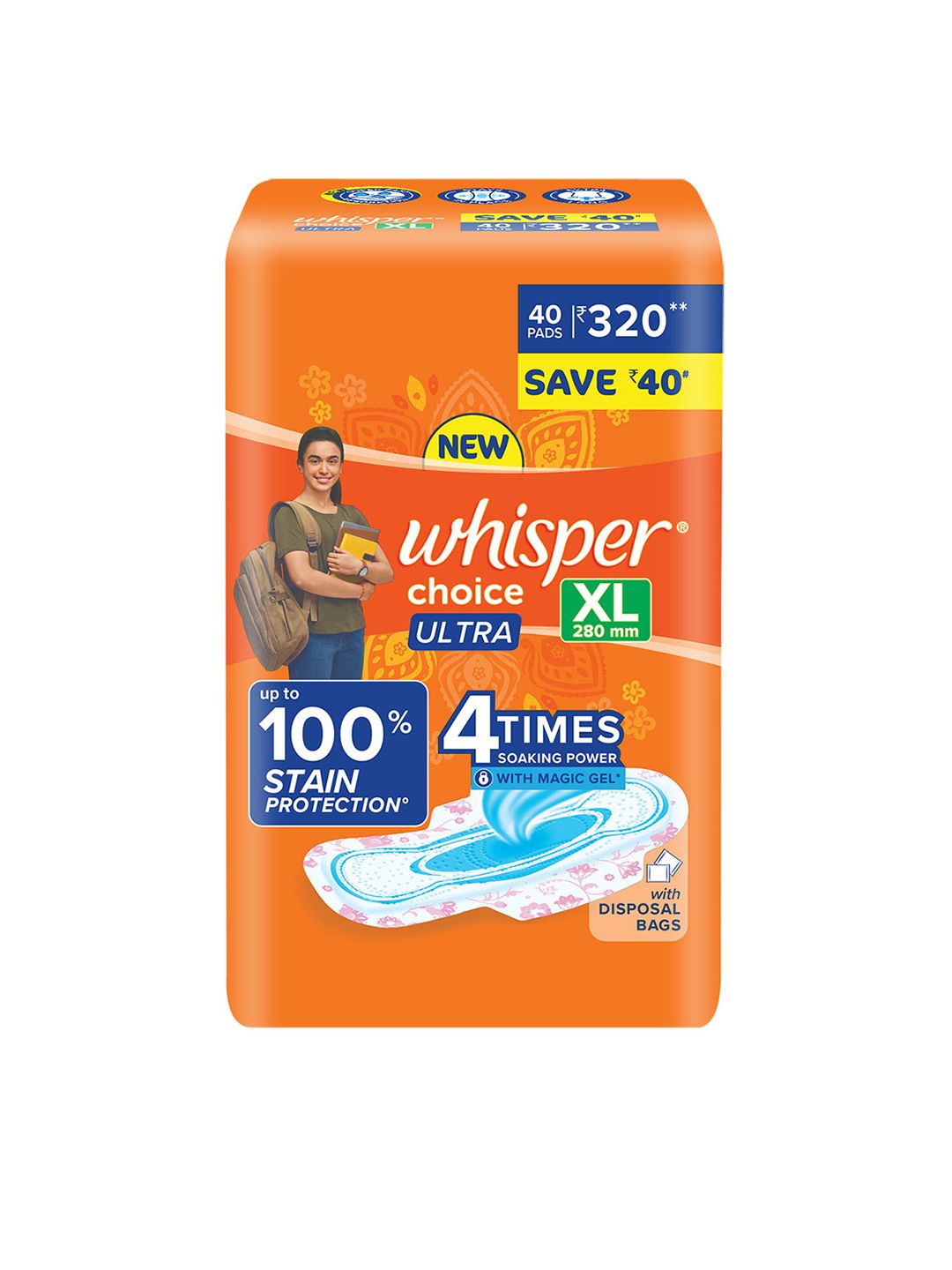 Whisper Choice Ultra Wings XL Sanitary Pads with Disposal Bags - 40 Pads-image-49