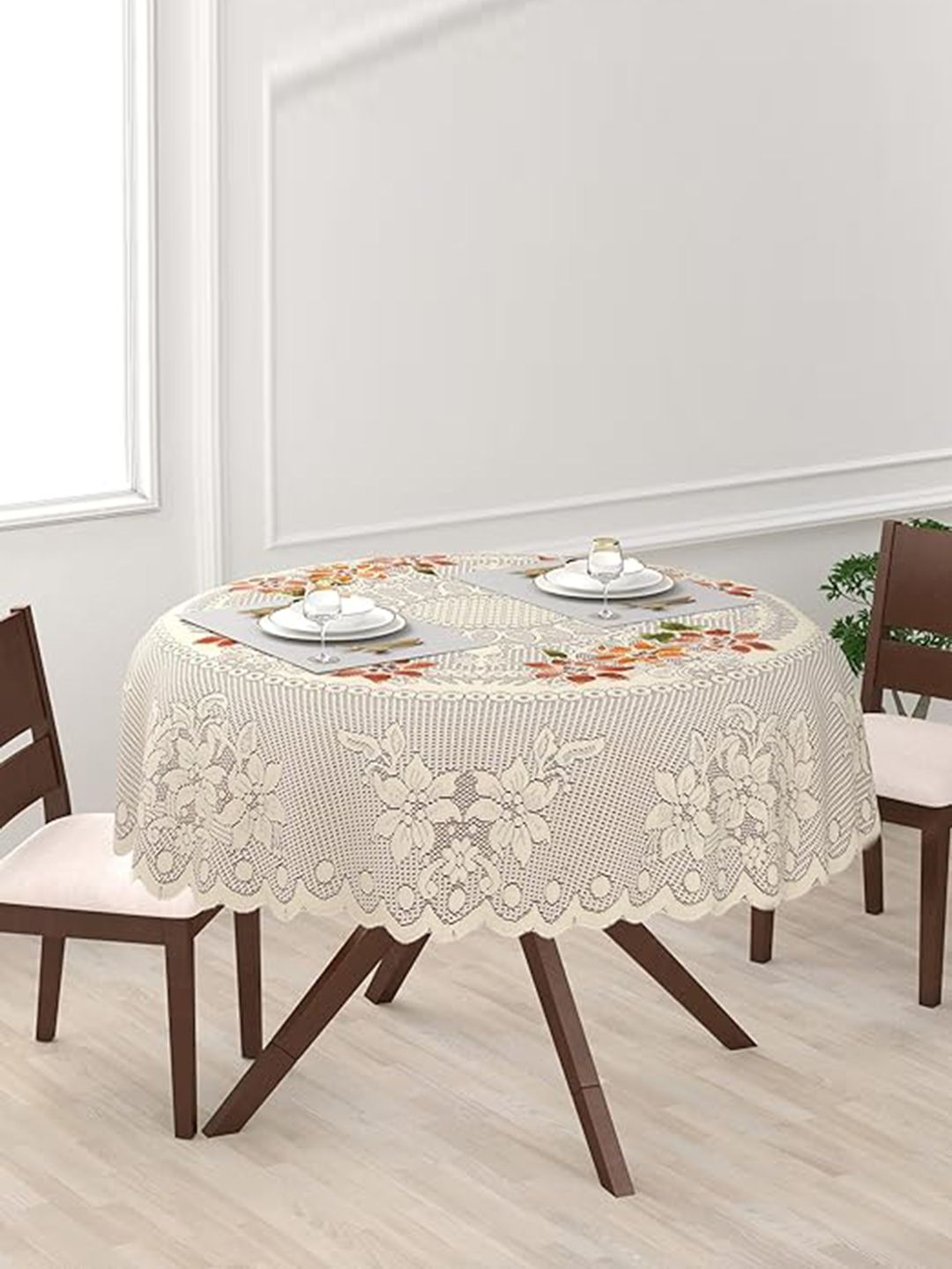 Dakshya Industries Beige Tulip Flower Woven-Design 4-Seater Round Cotton Table Cover-picture-23