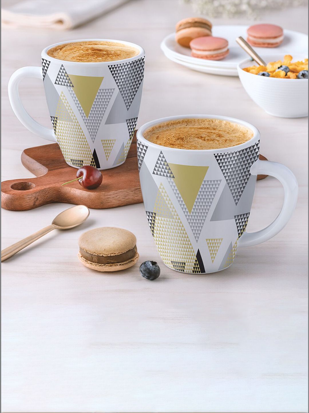 Larah by BOROSIL 2 Pcs White & Yellow Geometric Printed Opalware Matte Mugs - 400 ML Each-picture-20