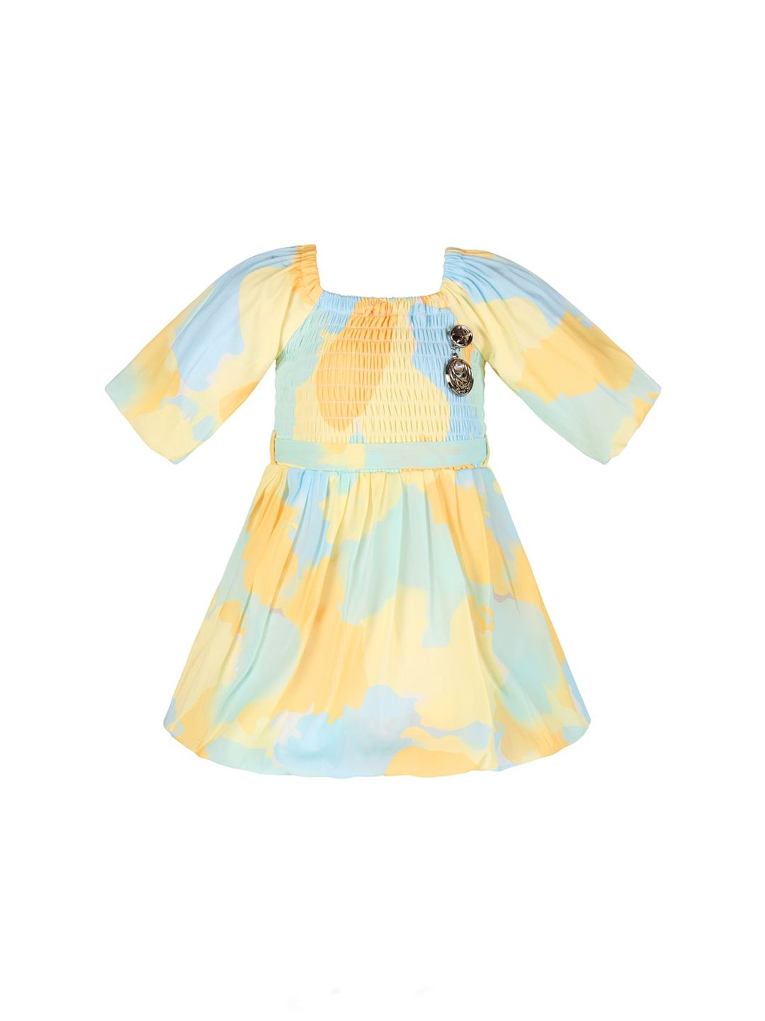 Wish Karo Girls Yellow Abstract Print Puff Sleeve Smocked Satin Fit & Flare Dress-picture-11
