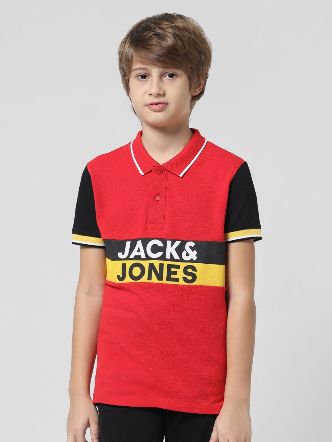 Jack & Jones Junior Boys Typography Printed Polo Collar Pure Cotton Slim Fit T-shirt-picture-43