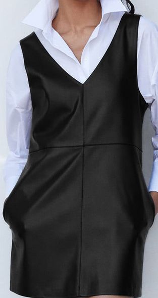 slim fit dress slacks Chi Chi Sleeveless Faux Leather Pinafore Mini Dress in Black, Size 8