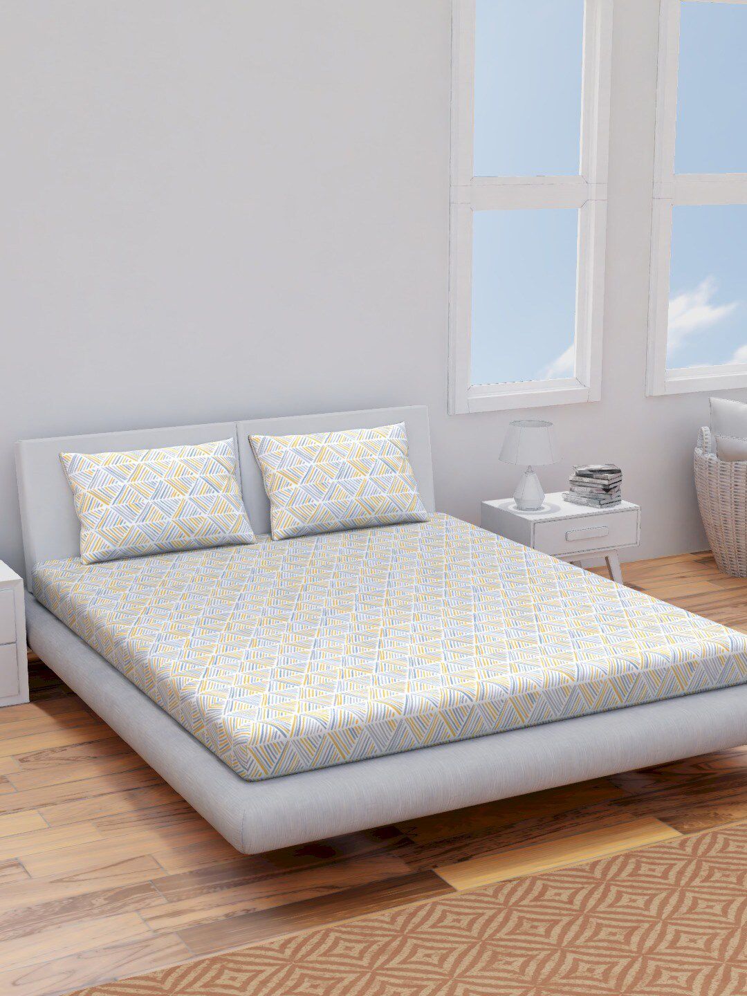 Himeya Yellow & White Geometric Cotton 144 TC Queen Bedsheet With 2 Pillow Covers-image-38