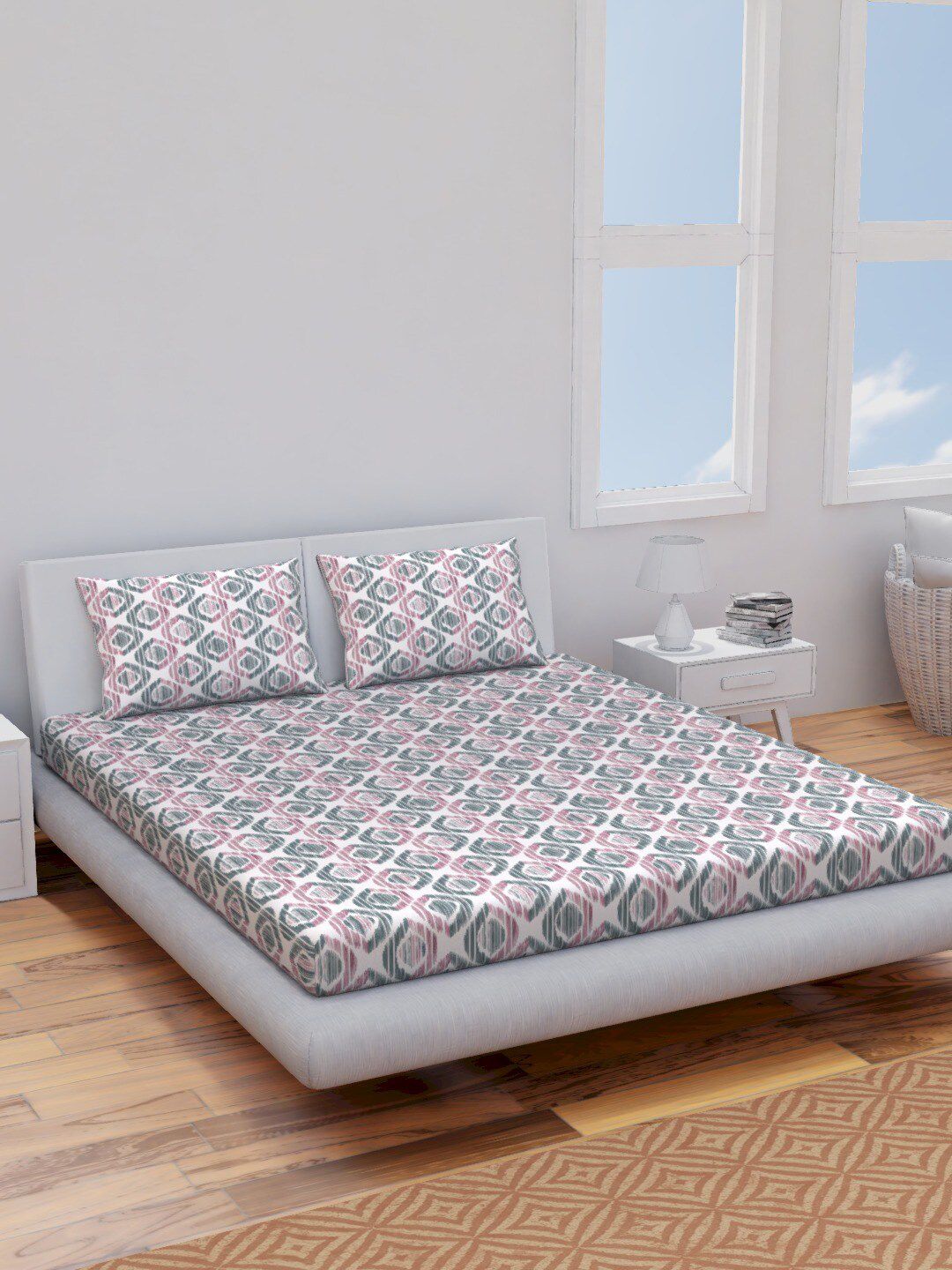 Himeya Pink & White Geometric Pure Cotton 144 TC Queen Bedsheet with 2 Pillow Covers-image-35