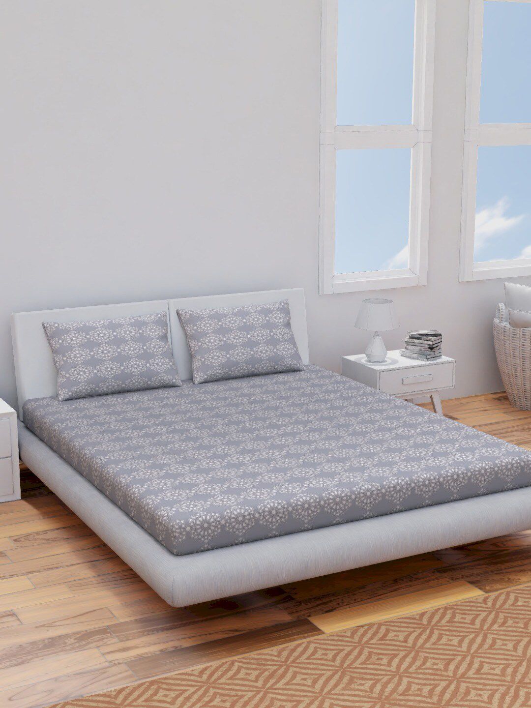 Himeya Grey & White Ethnic Pure Cotton 144 TC Queen Bedsheet with 2 Pillow Covers-image-34