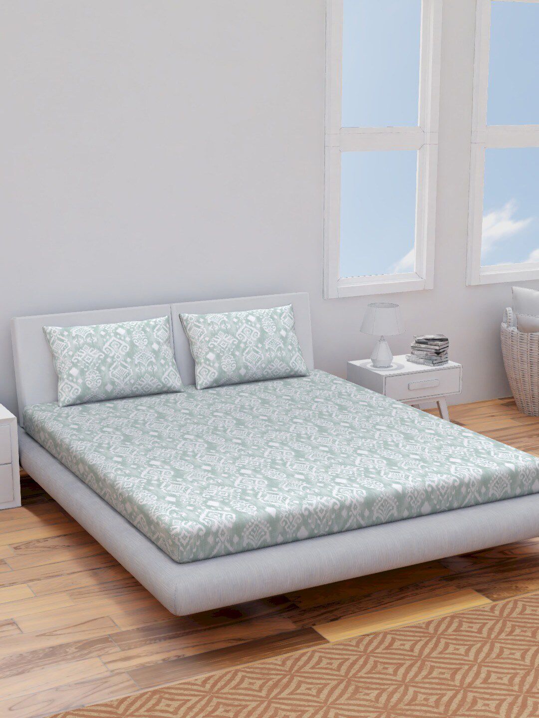 Himeya Green & White Ethnic Motifs Cotton 144 TC Queen Bedsheet with 2 Pillow Covers-image-33