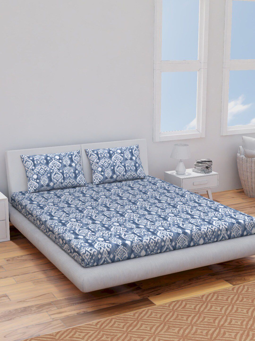 Himeya Navy Blue Ethnic Motifs Cotton 144 TC King Bedsheet with 2 Pillow Covers-image-39