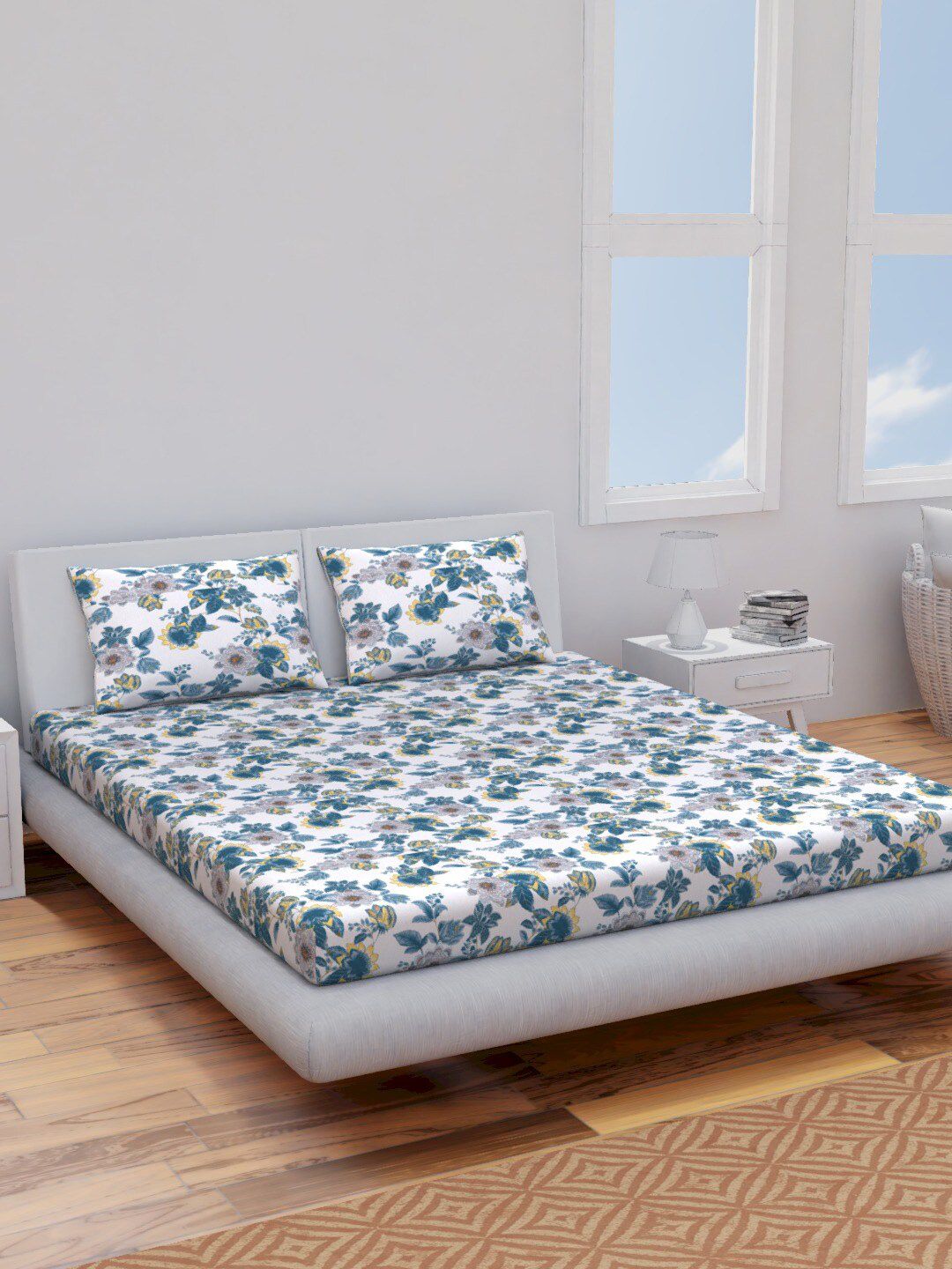 Himeya White & Green Floral Cotton 144 TC Queen Bedsheet with 2 Pillow Covers-image-32