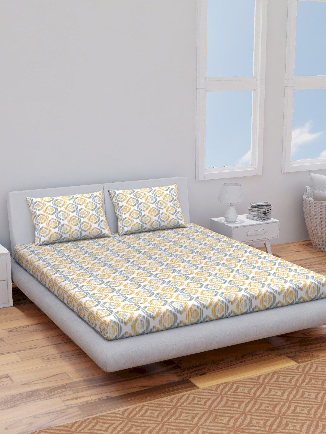 Himeya Yellow & White Ethnic Motifs Cotton 144 TC Queen Bedsheet With 2 Pillow Covers-image-31