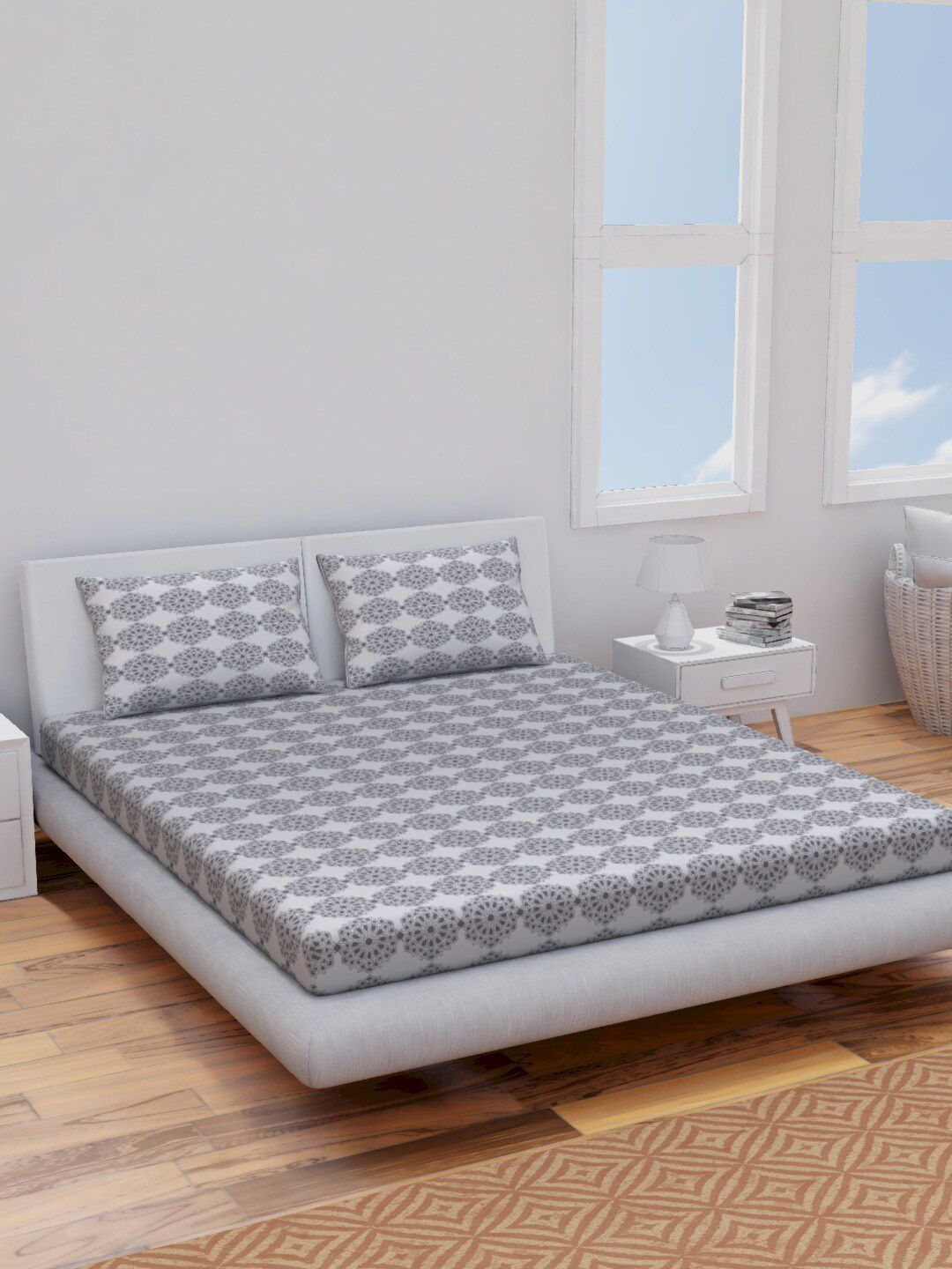 Himeya Charcoal Printed Cotton 144 TC Queen Bedsheet with 2 Pillow Covers-image-9
