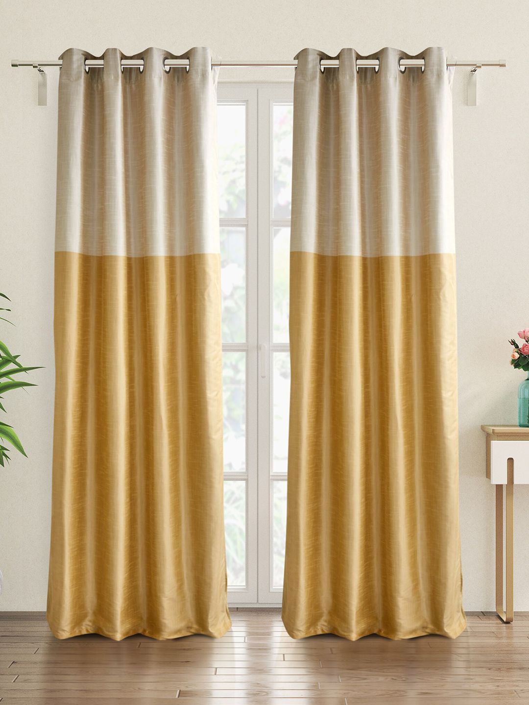Home Centre Contempo Beige & Off White 2 Pieces Colourblocked Room Darkening Door Curtains-picture-38