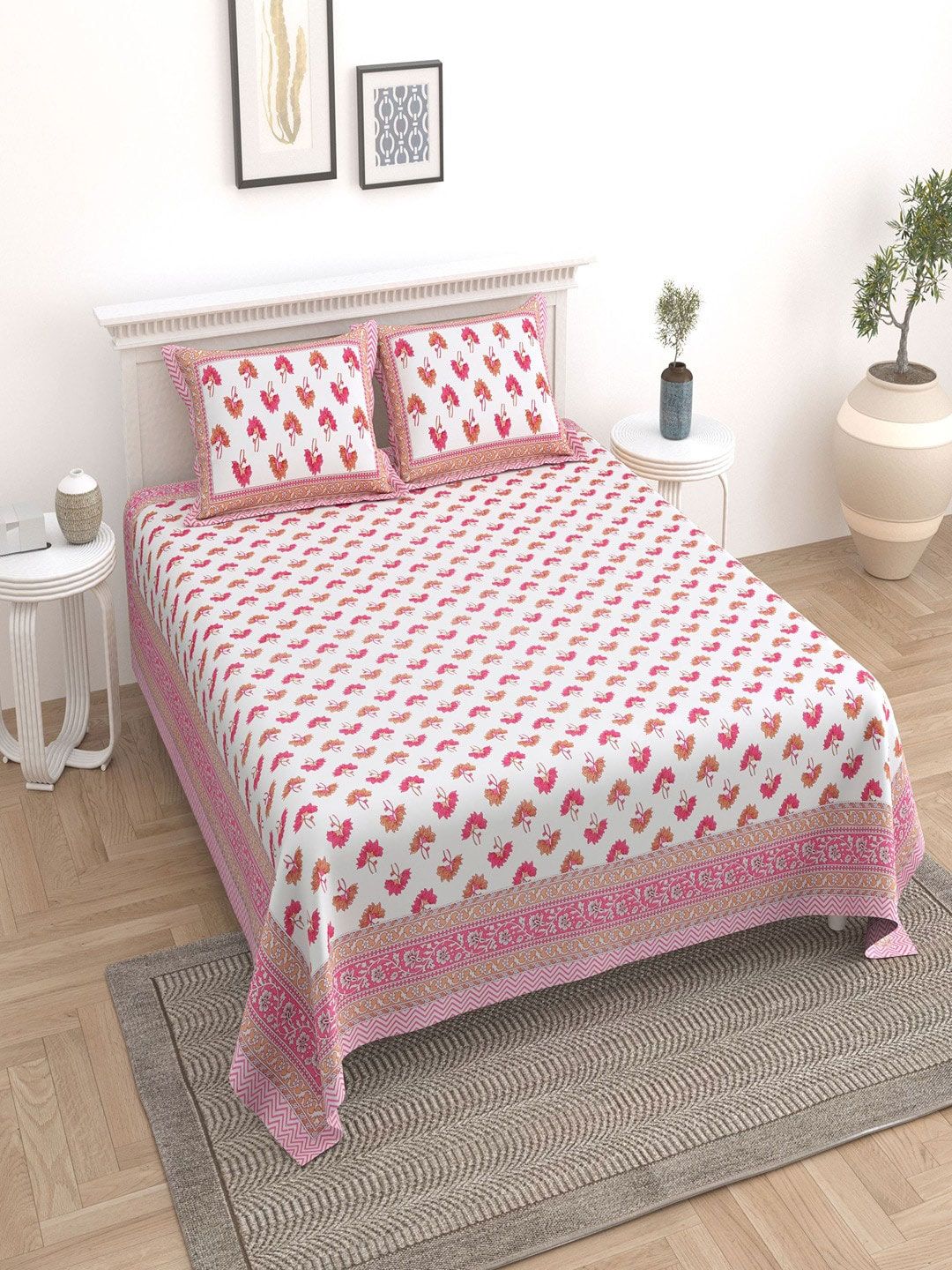 UNIQCHOICE Pink & White Floral Cotton 180 TC King Bedsheet With 2 Pillow Covers-picture-16