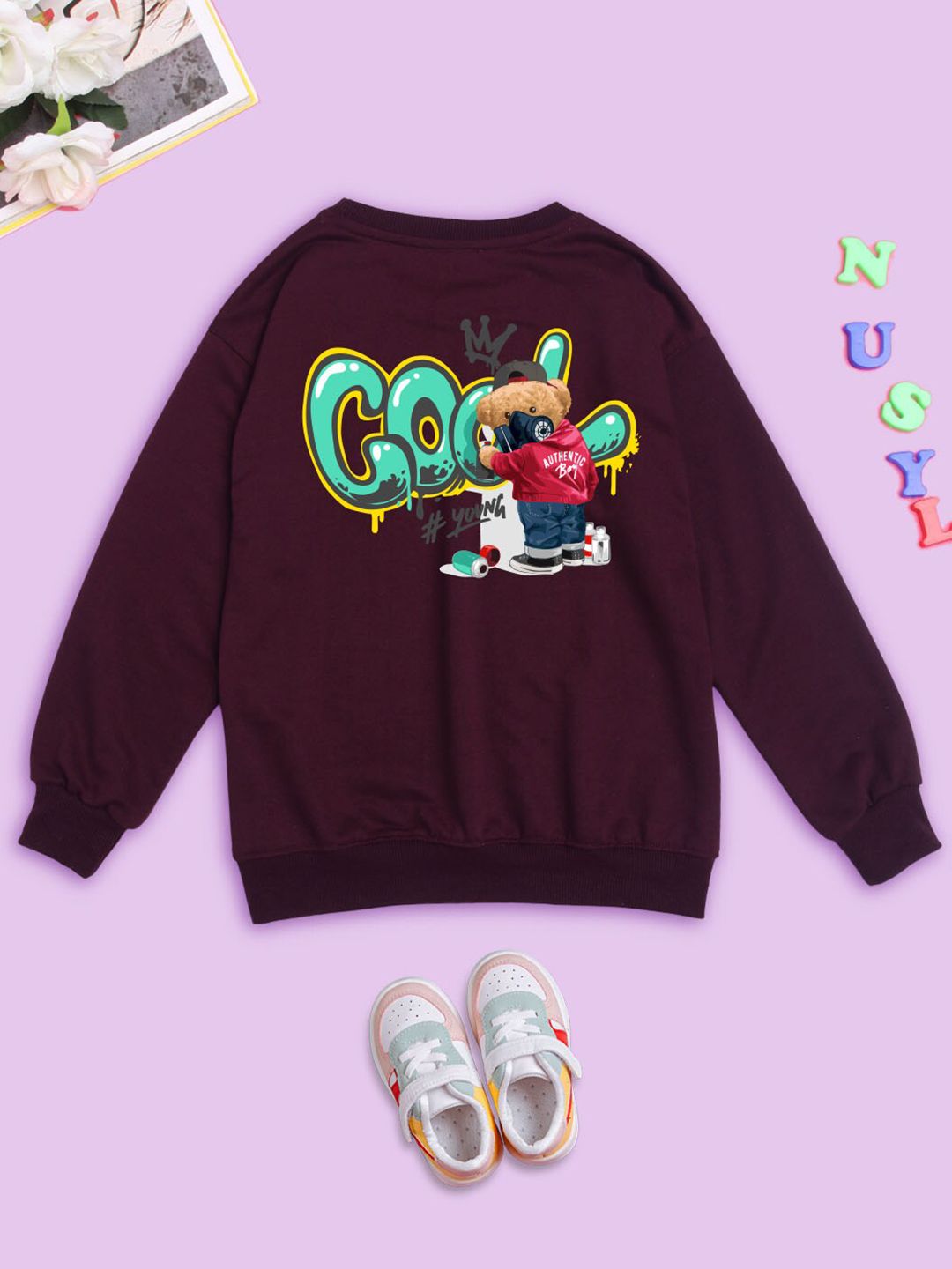 NUSYL Kids Graphic Printed Round Neck Long Sleeve Fleece Pullover Oversized Sweatshirt-picture-41