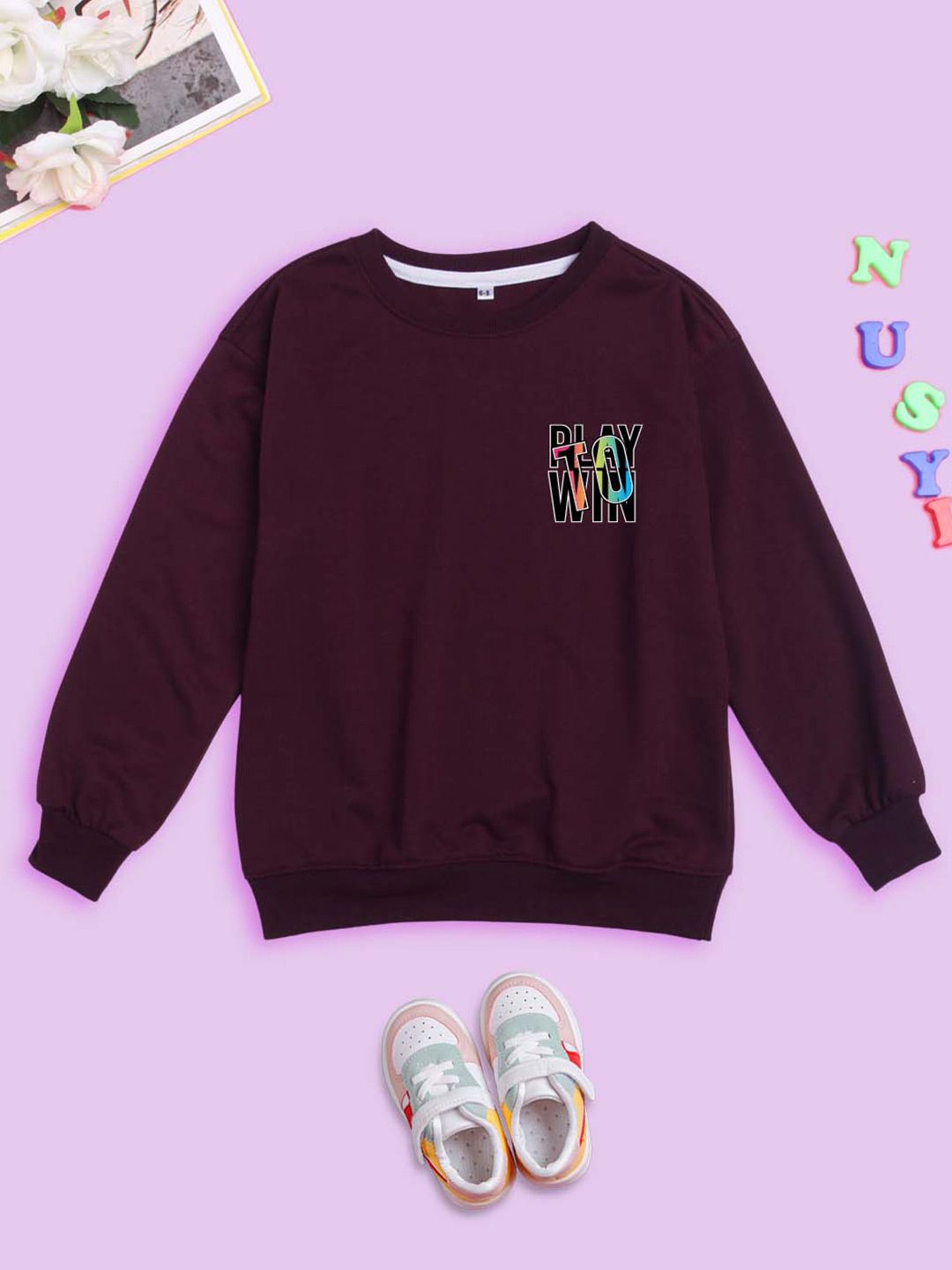 NUSYL Kids Typography Printed Round Neck Long Sleeve Fleece Pullover Oversized Sweatshirt-picture-10