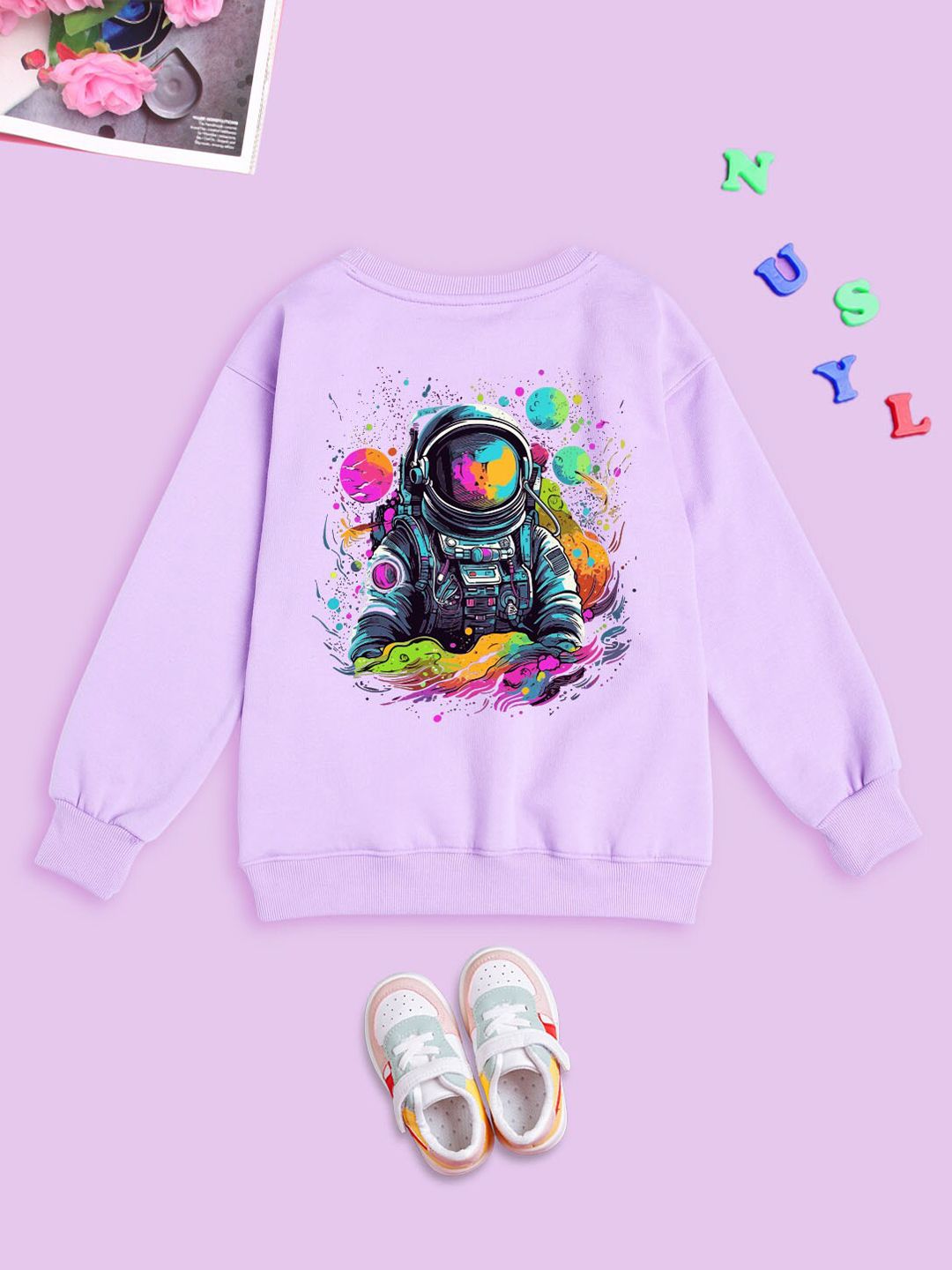 NUSYL Kids Lilac Astronaut Printed Oversized Fleece Sweatshirt-picture-14