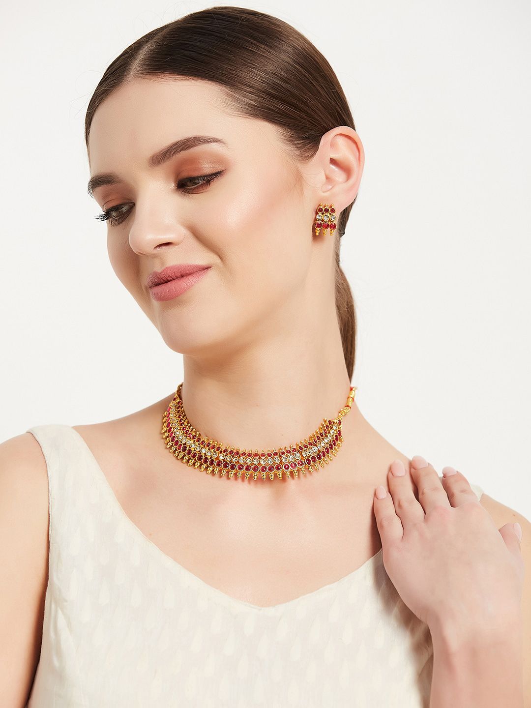 ATIBELLE Gold-Plated Stone Studded  Jewellery Set With Finger Ring & Maangtikka