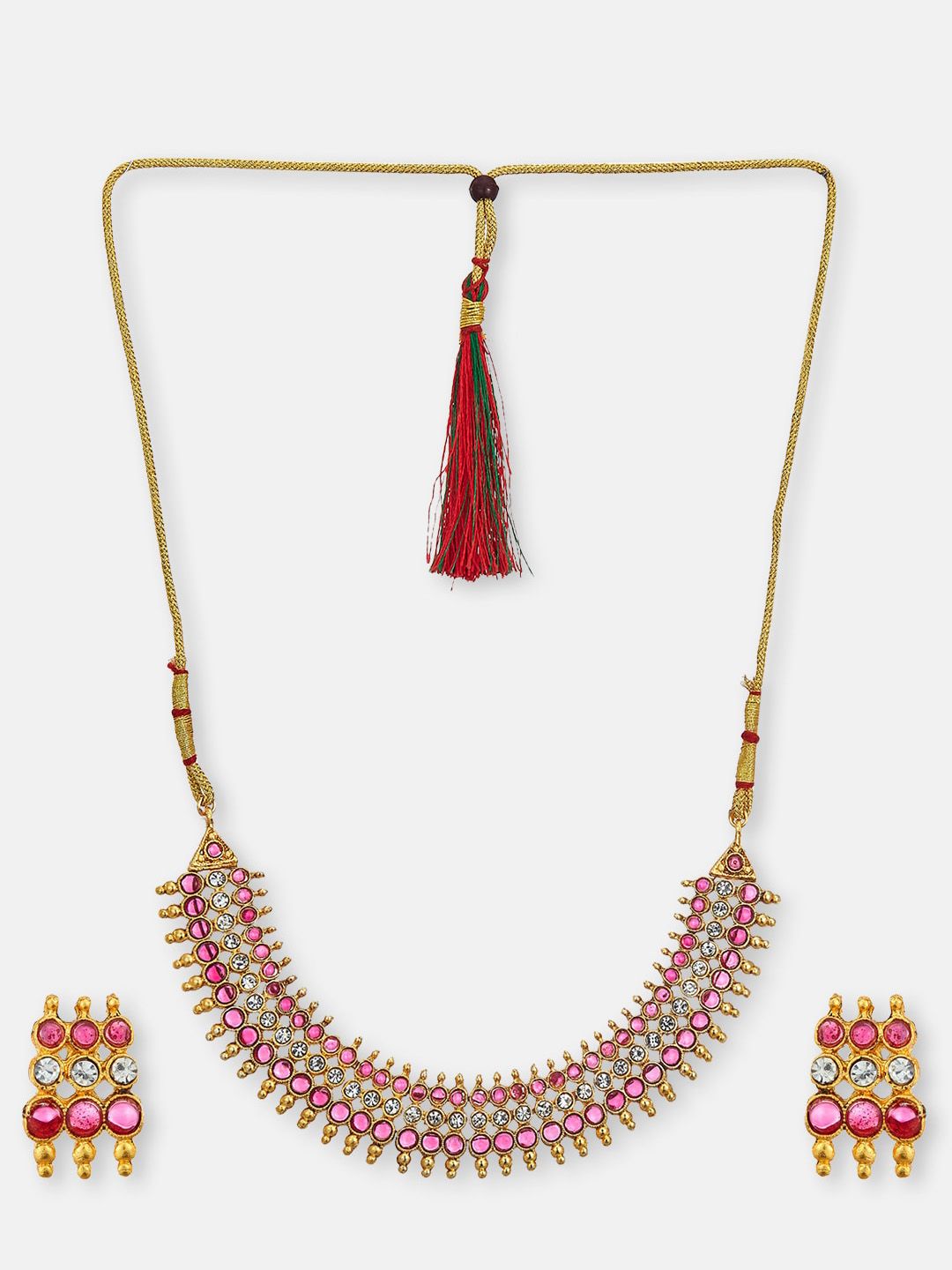 ATIBELLE Gold-Plated Artificial Stoned Studded Necklace & Earrings With Maang Tika