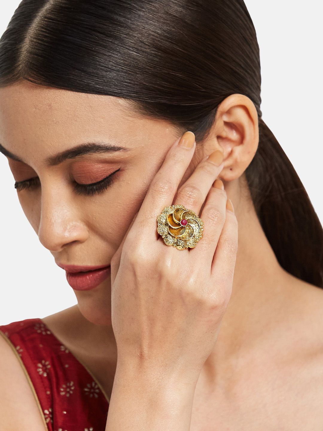 ATIBELLE Gold-Plated Artificial Stoned Studded Necklace & Earrings With Maang Tika