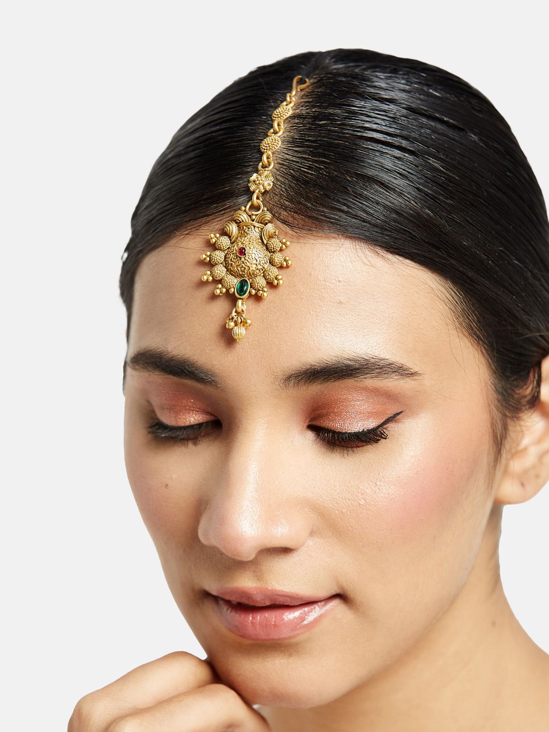 ATIBELLE Gold-Plated Artificial Stoned Studded Necklace & Earrings With Maang Tika