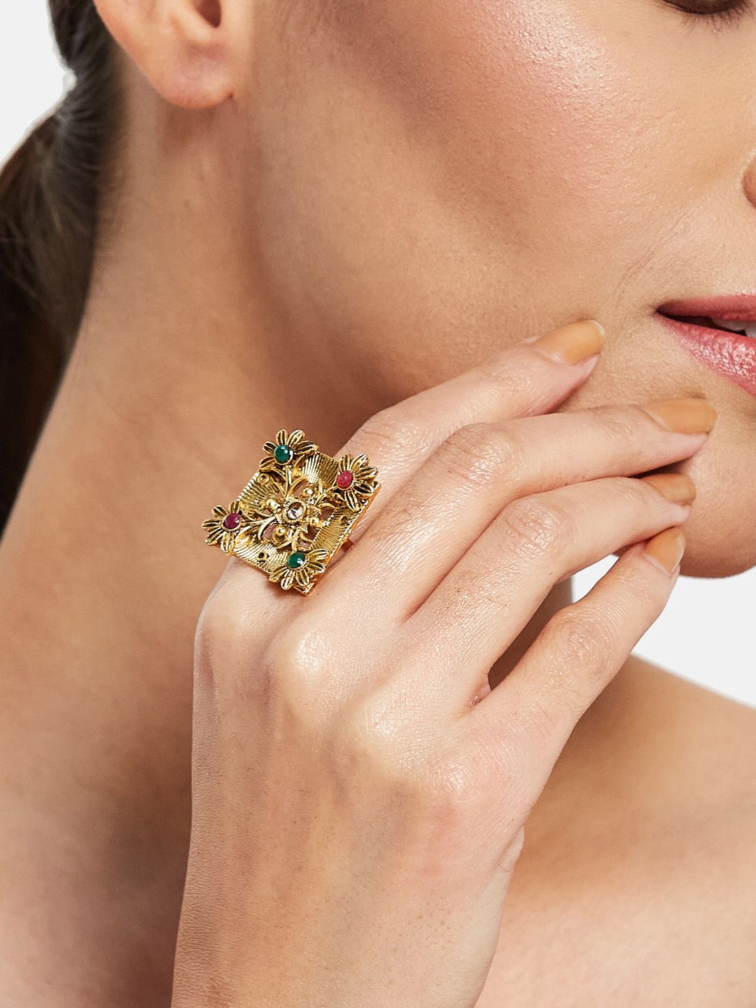 ATIBELLE Gold-Plated Stone Studded Jewellery Set With Finger Ring & Maangtikka