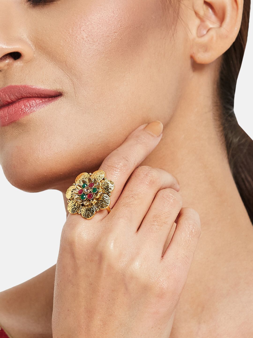 ATIBELLE Gold-Plated Stone-Studded Jewellery Set With Finger Ring & Maangtikka