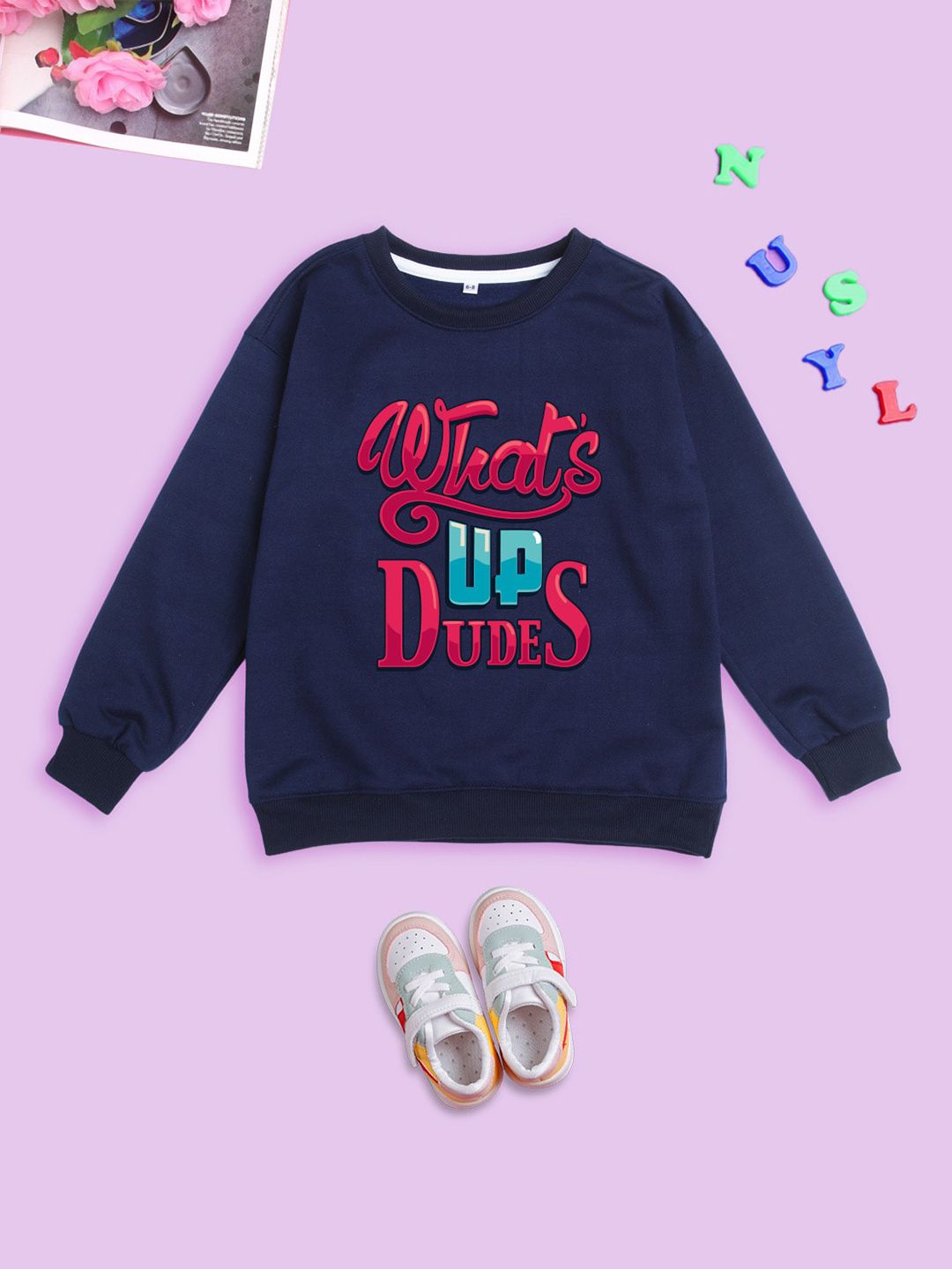 NUSYL Kids Typography Printed Round Neck Oversized Fleece Sweatshirt-picture-38