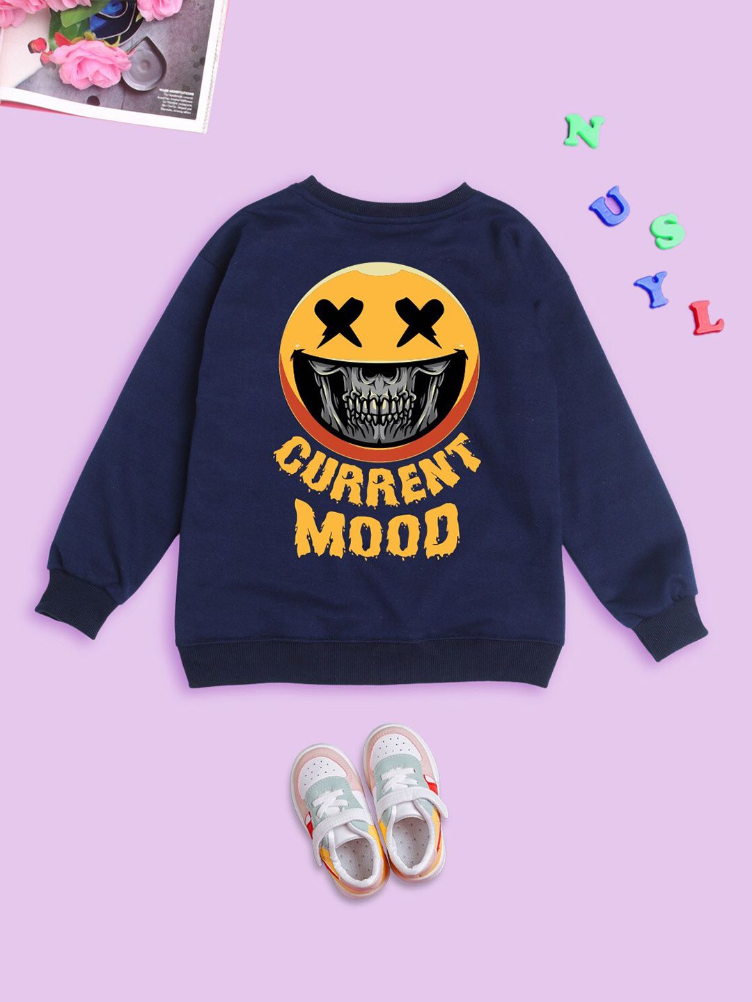 NUSYL Kids Typography Printed Round Neck Oversized Fleece Sweatshirt-picture-37