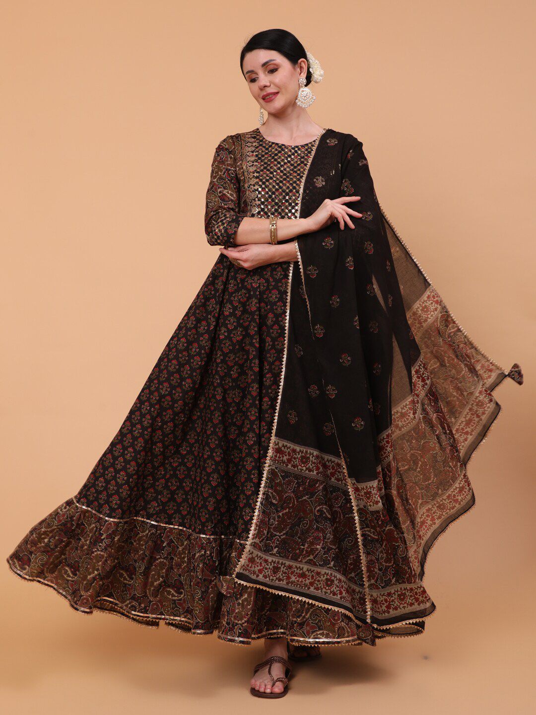 KIMAYRA Ethnic Motifs Printed Gotta Patti Fit & Flare Cotton Ethnic Dress With Dupatta-image-31