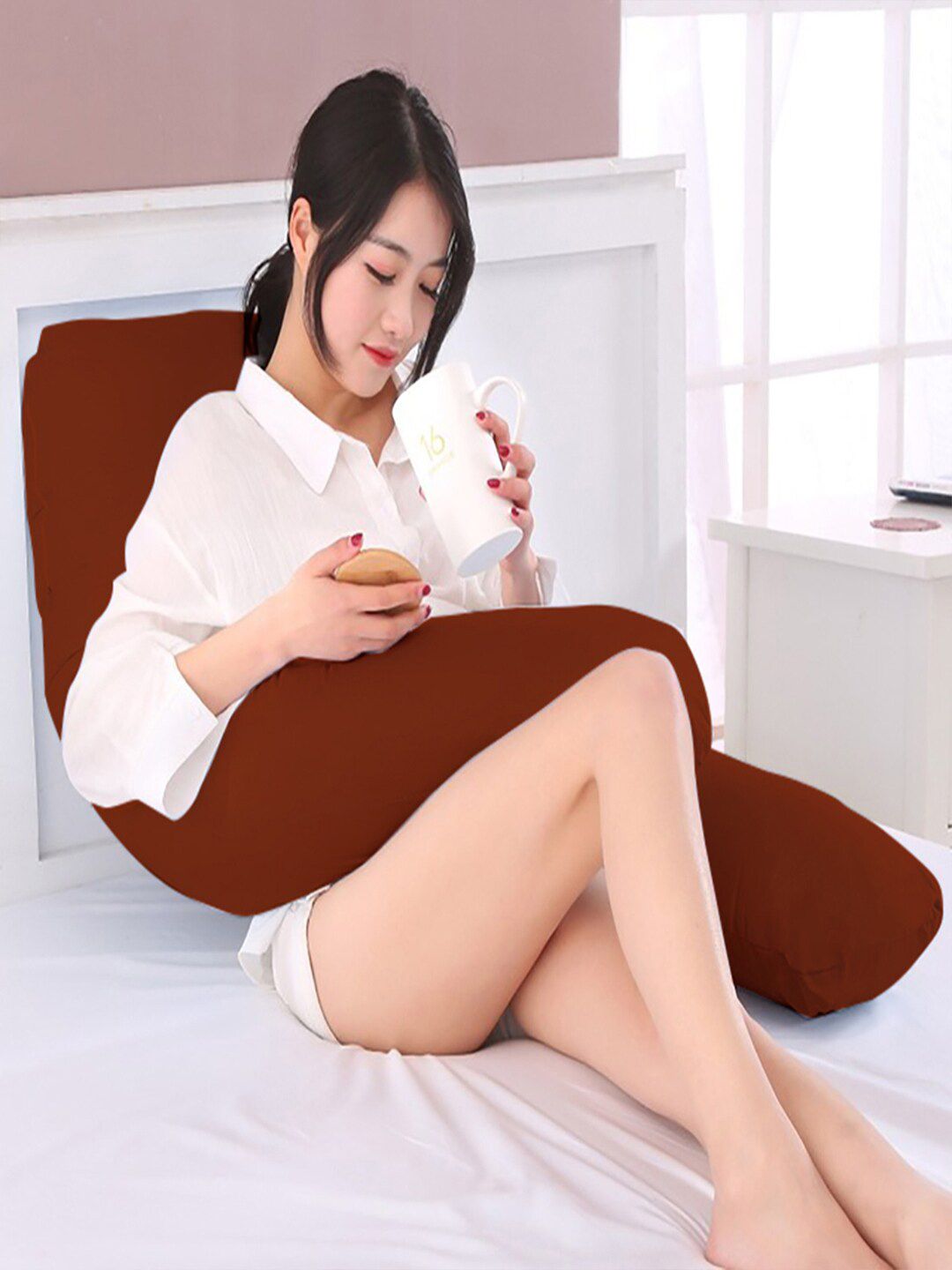 AVI Brown U-Shaped Cotton Maternity Pillow With Removable Cotton Pillow Cover-image-47