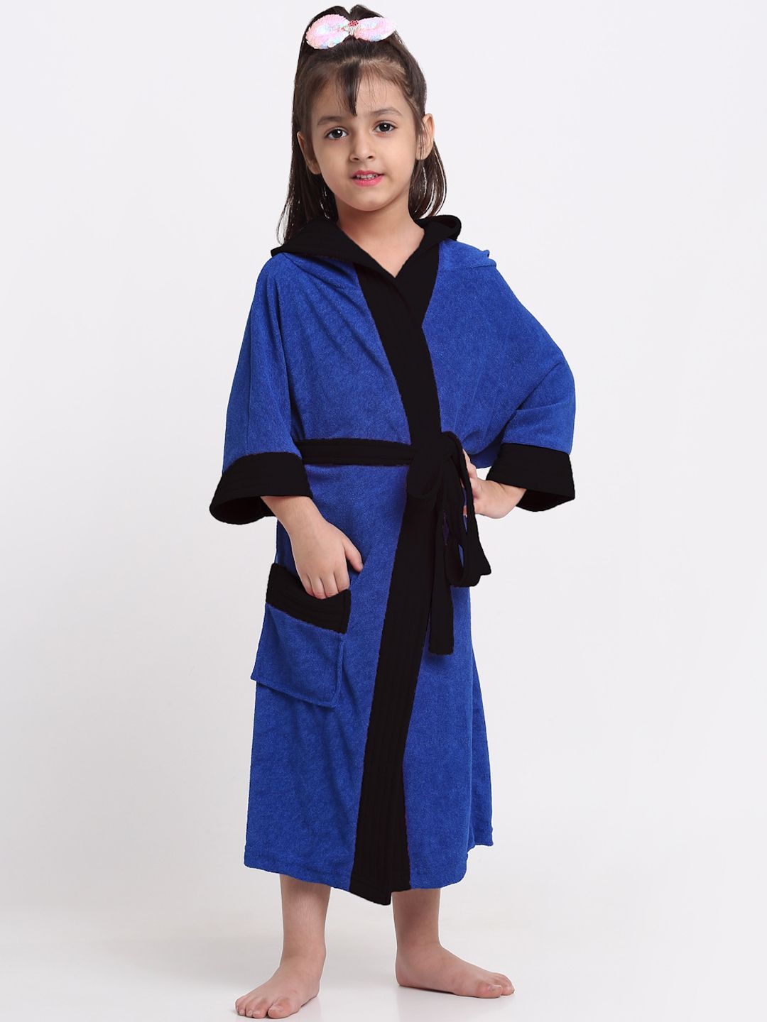 Creeva Kids Blue & Black Cotton Hooded Bath Robe-image-5