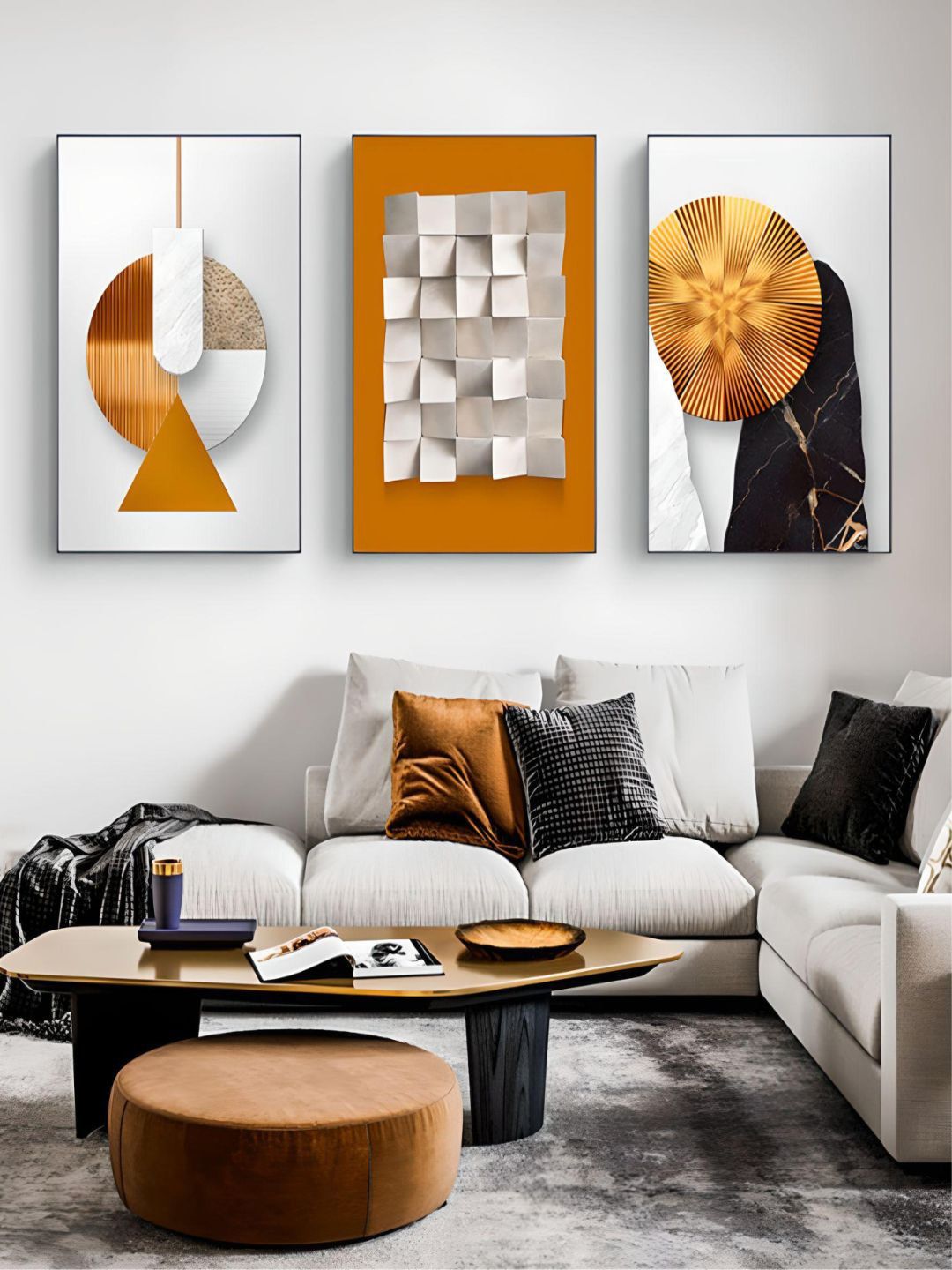 THE HANDMADE FLAIR Orange & White 3 Pieces Aesthetics Abstract Minimalist Canvas Wall Art-image-13