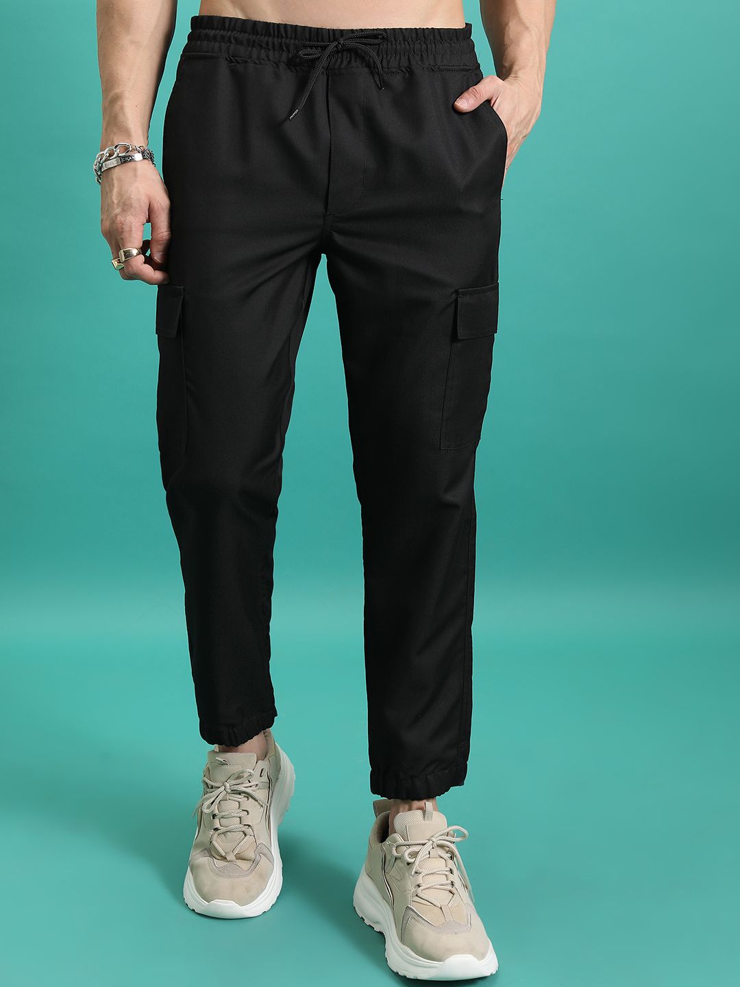 HIGHLANDER Men Regular Fit Plain Cargo Jogger Trousers-picture-16