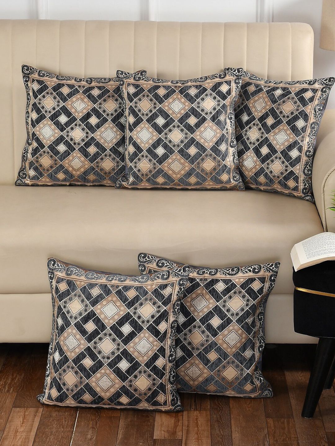 MULTITEX Grey & Beige 5 Pieces Geometric Cotton Square Cushion Covers-picture-18