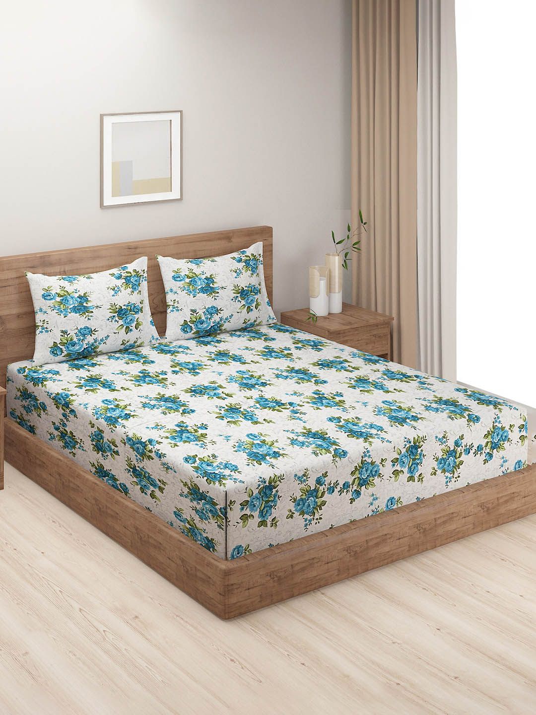 SWAYAM Green & White Floral Cotton Fitted 160 TC Queen Bedsheet With 2 Pillow Covers-picture-14