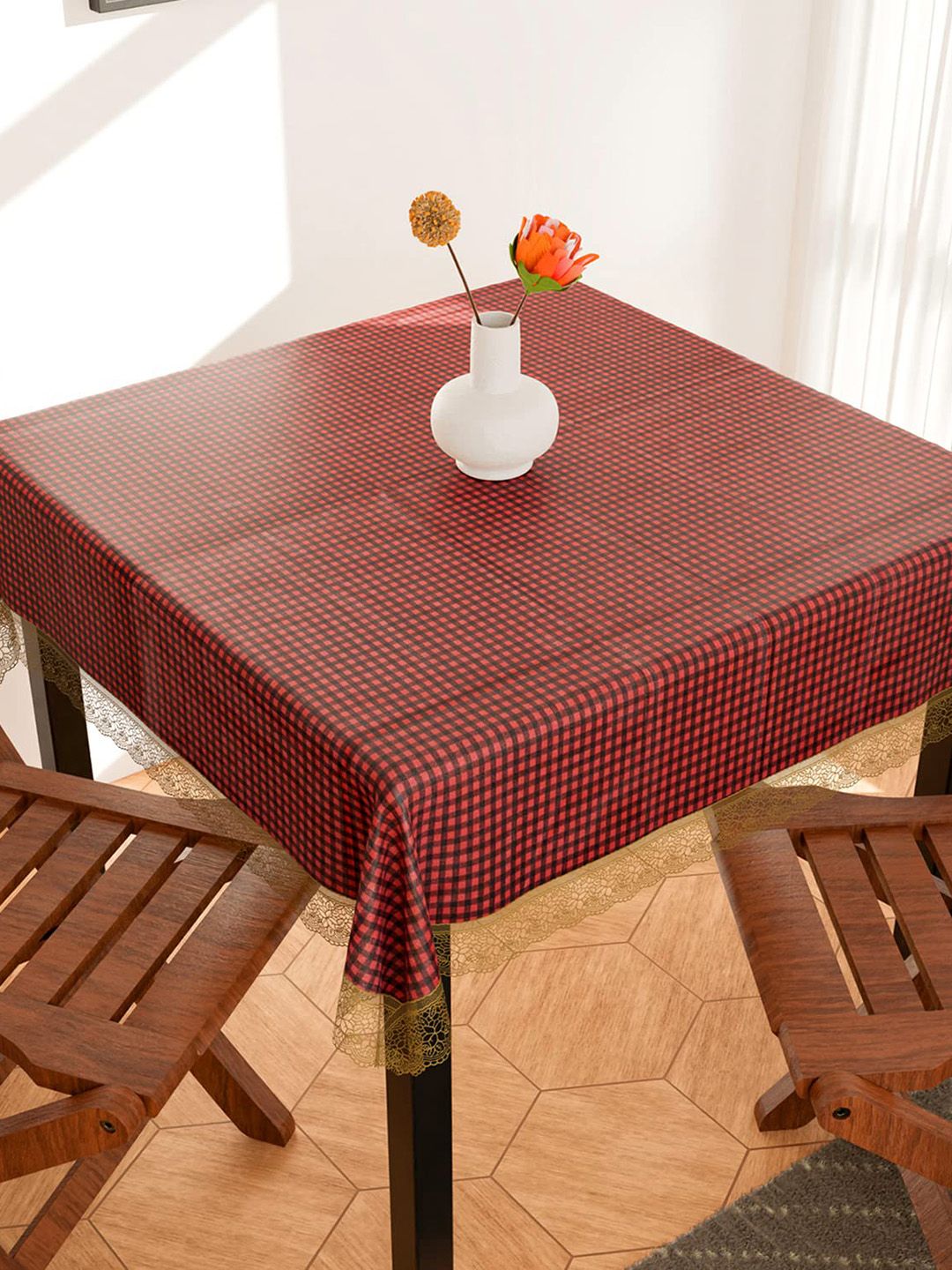 Dakshya Industries Maroon & Cream Printed Border Plast Anti Slip Oval 4-Seater Table Cover-image-18