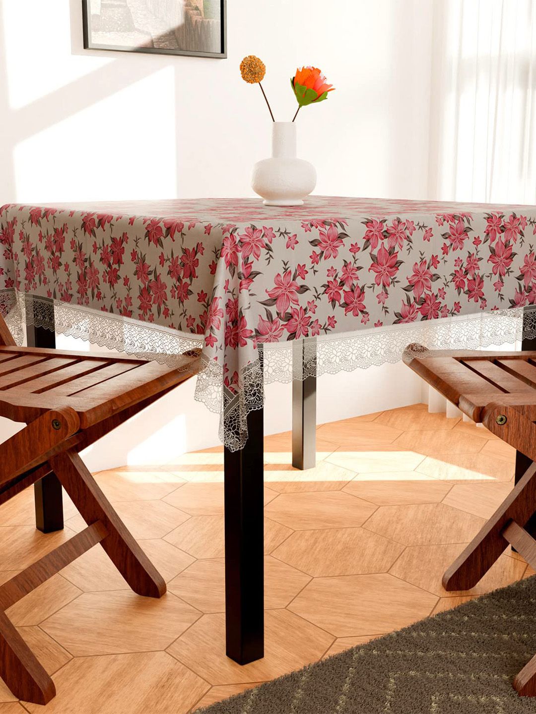 Dakshya Industries Pink Flower Printed PVC 4-Seater Table Cover-image-0