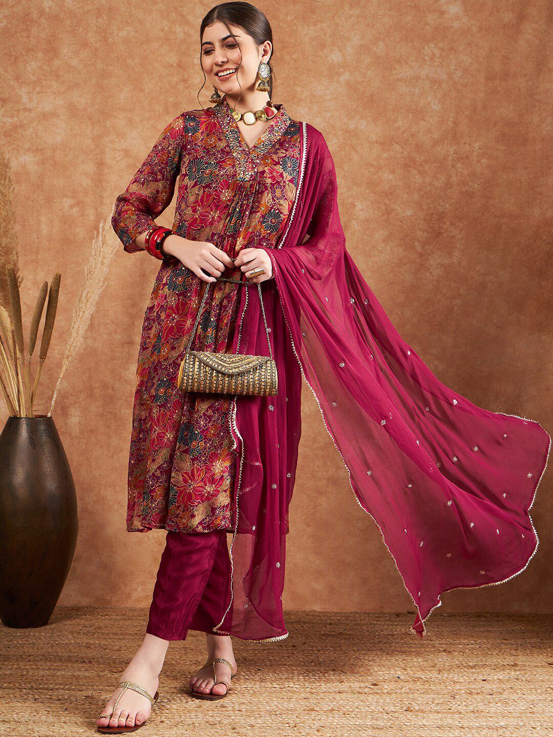 Sangria Floral Printed Sequined Silk Georgette Straight Kurta With Trouser & Dupatta