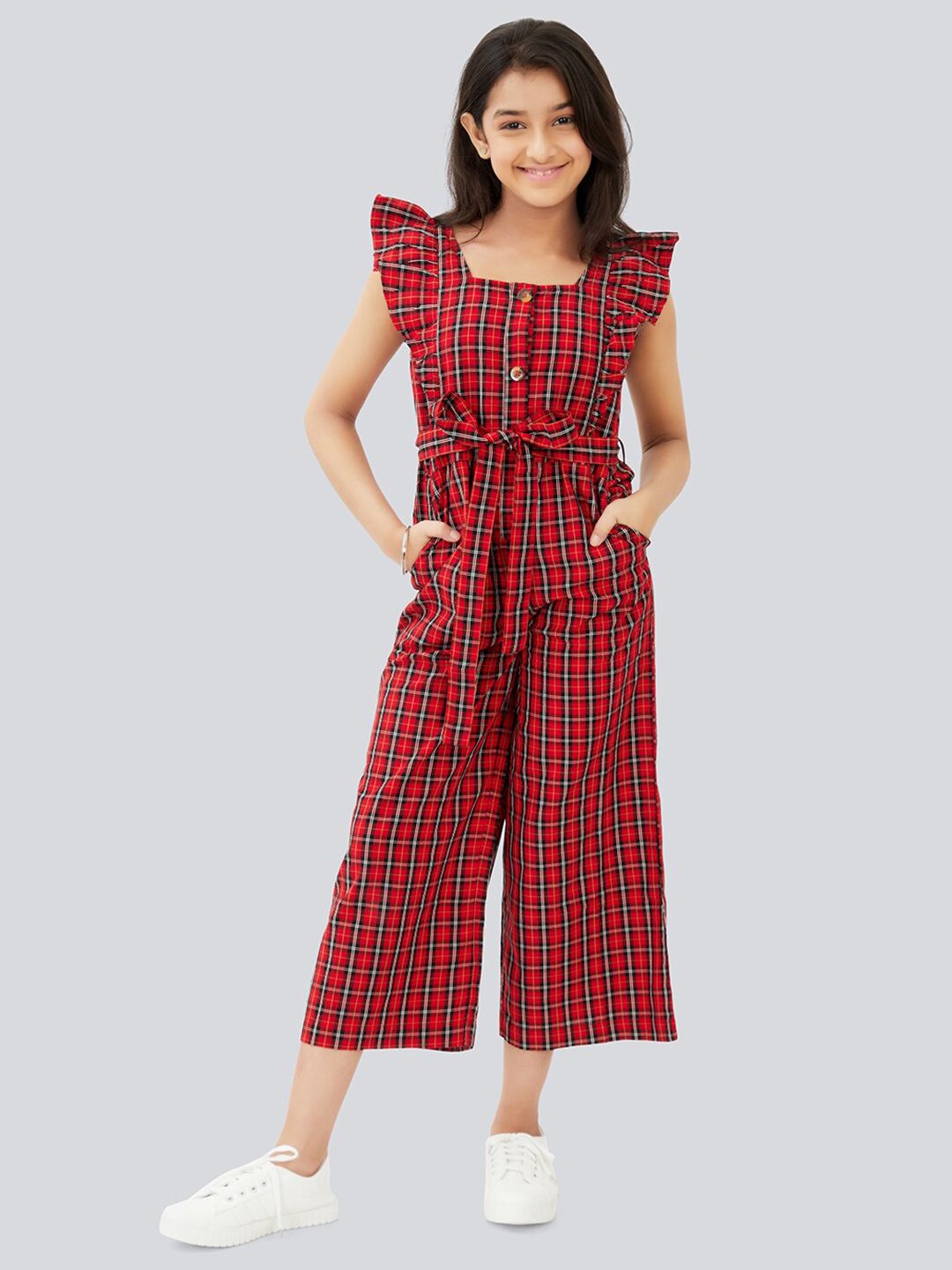 Olele Girls June Checked Waist Tie-Ups Cotton Basic Jumpsuit-picture-16