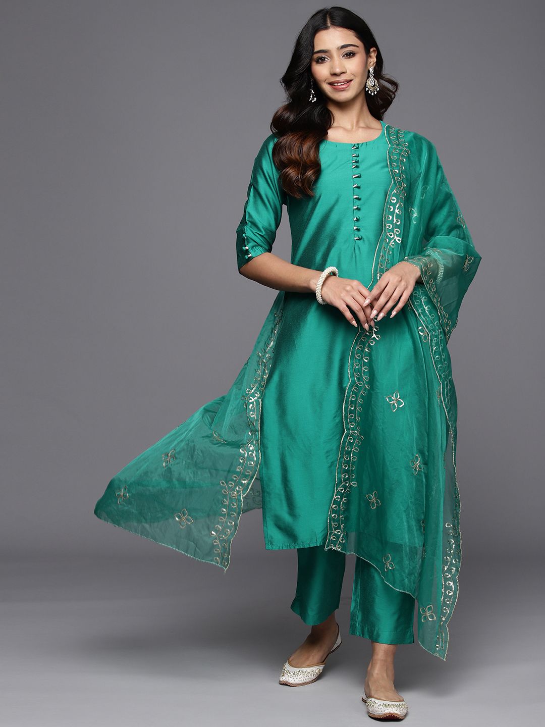 Women Turquoise Blue Embroidered Regular Sequinned Kurta With Trousers & Dupatta
