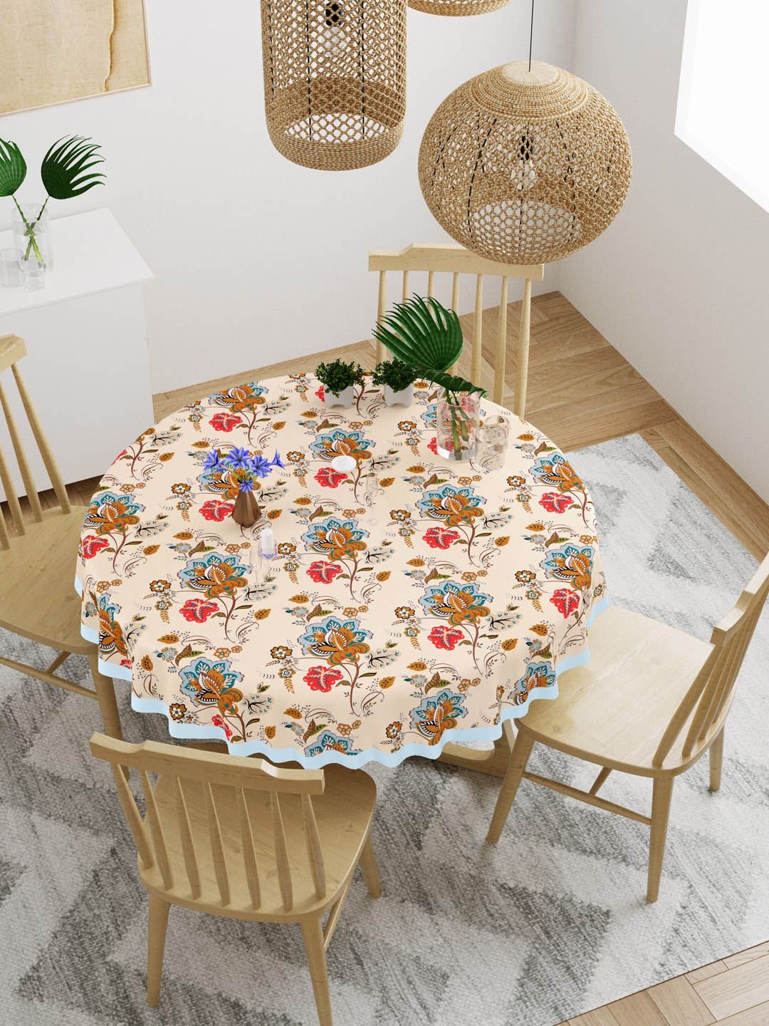 Gulaab Jaipur Cream-Coloured & Blue Printed Cotton 4-Seater Round  Table Cover-image-43