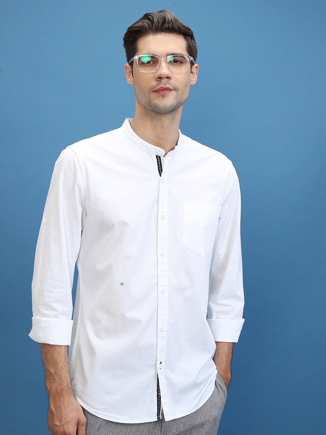HIGHLANDER Slim Fit Band Collar Cotton Casual Shirt