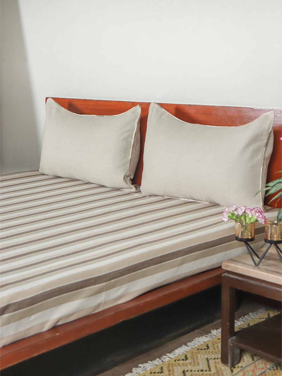 ZEBA Beige & Grey Striped  Double Queen Bed Cover With 2Pillow Covers-image-25
