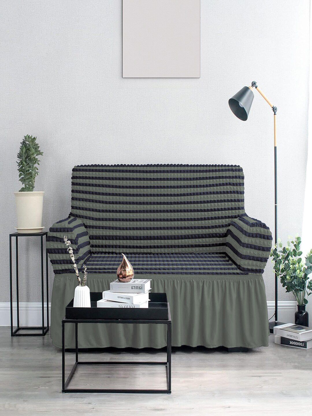 Cortina Grey & Blue Striped Stretchable 2 Seater Sofa Cover-image-6