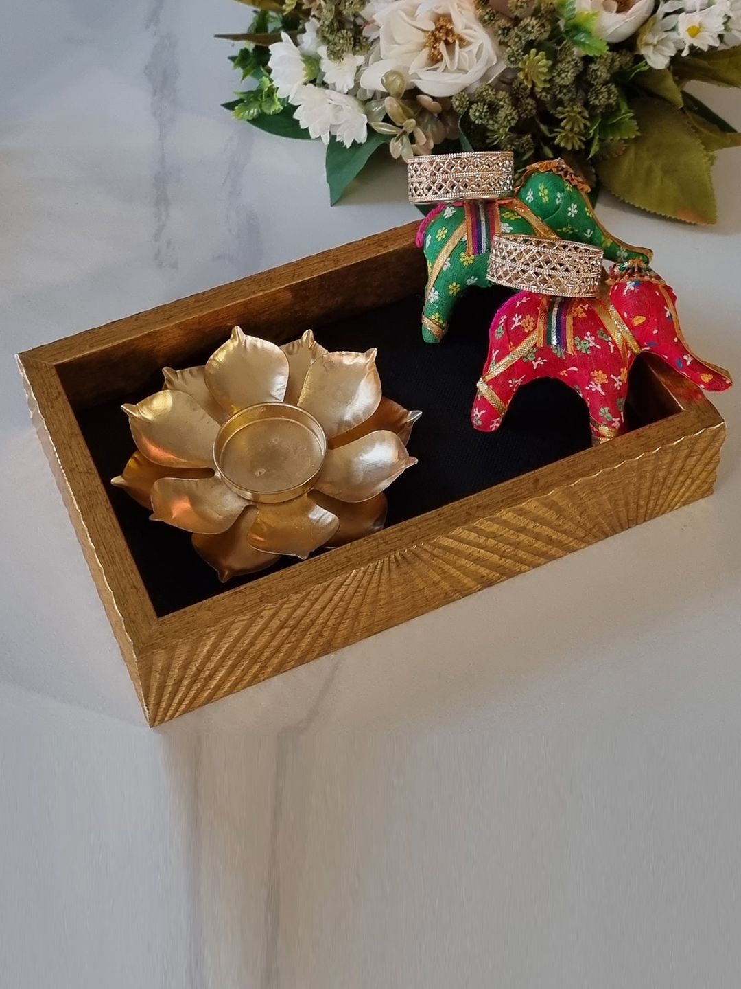 Art Street Yellow 3 Pcs Gift Box & Lotus Design Diya With Two Candle Holders Home Gift Set-image-46