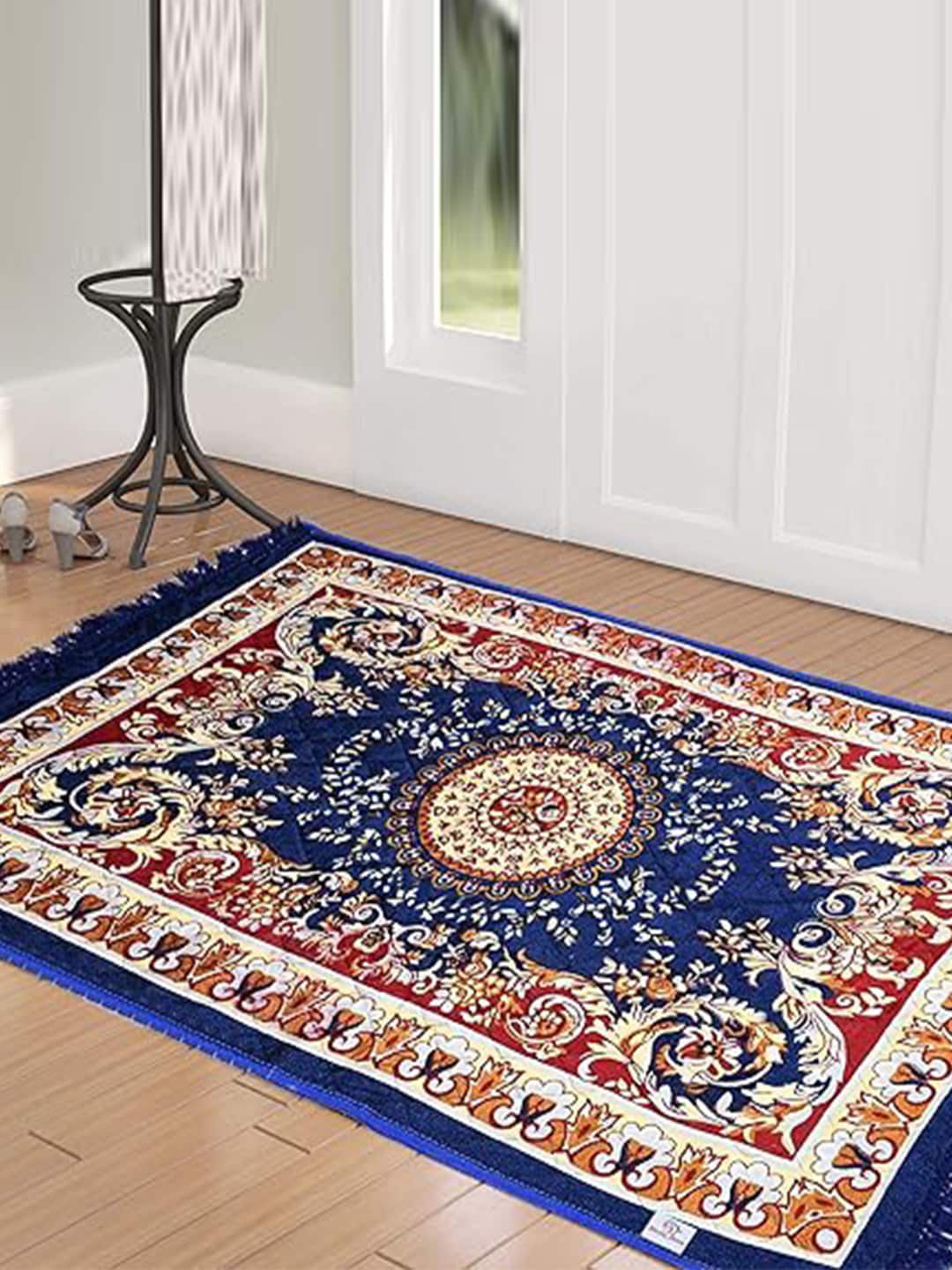 Kuber Industries Blue & Beige Ethnic Motifs Printed Velvet Carpet-picture-23