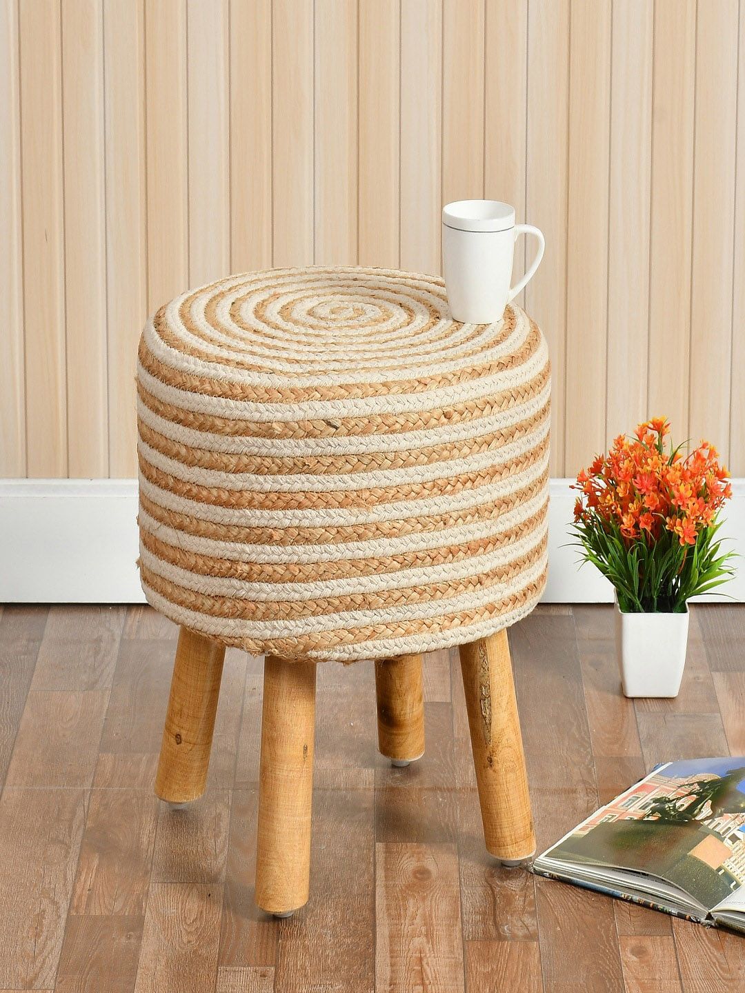 Shadowkart Beige & White Textured Knitted Jute Cylindrical Ottoman-picture-22