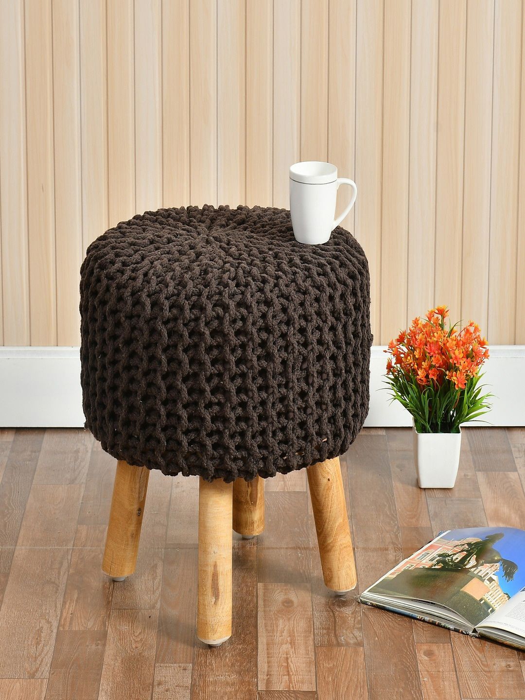 Shadowkart Beige & Brown Textured Knitted Wood Cylindrical Ottoman-picture-53