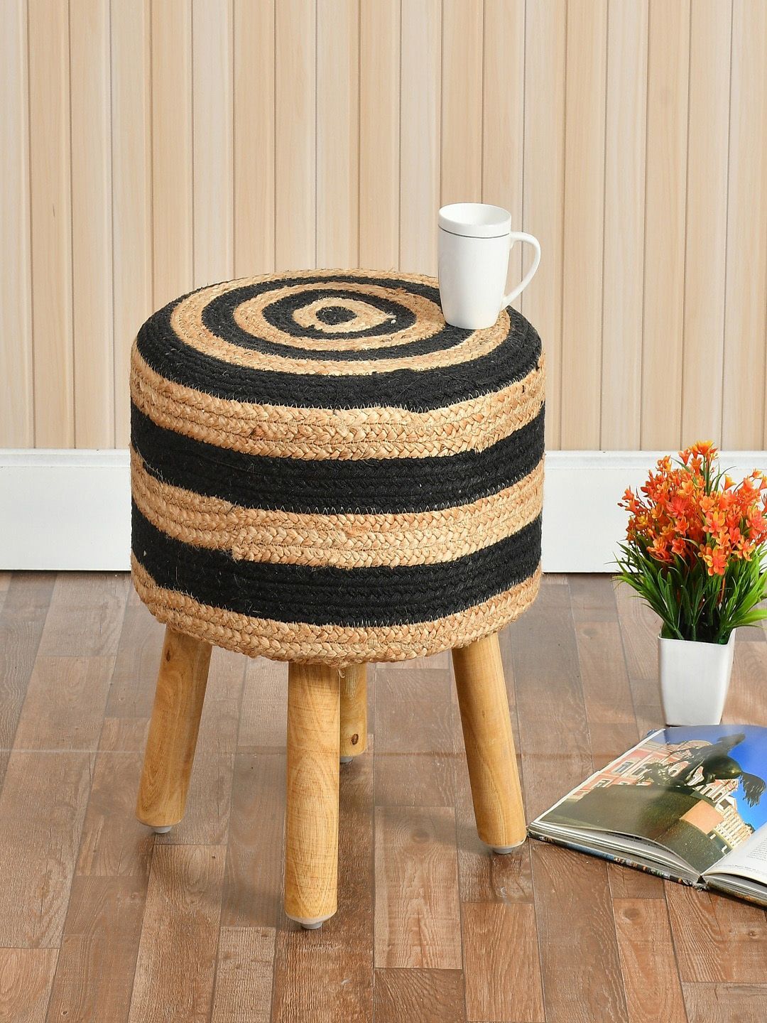 Shadowkart Cram Coloured & Black Colourblock Jute Cylindrical Ottoman-picture-12