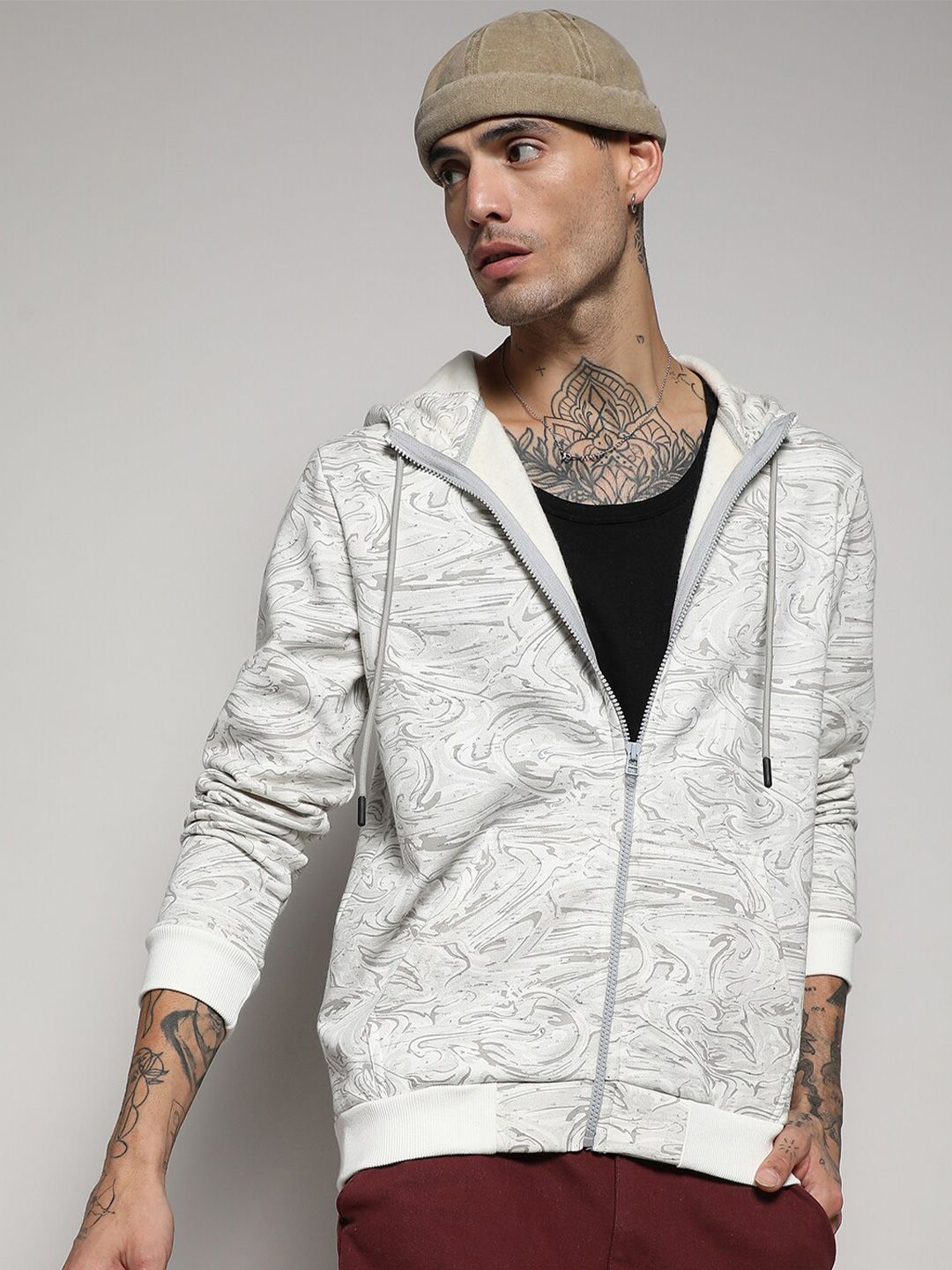 Campus Sutra White Abstract Printed Hooded Cotton Sweatshirt-image-39