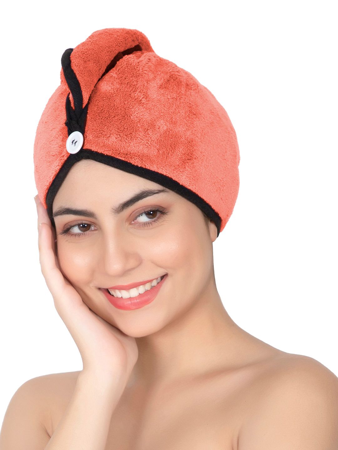 Softspun Microfiber Peach-Colored & Black Anti-Bacterial 300 GSM Hair Drying Wrap Towel-image-10